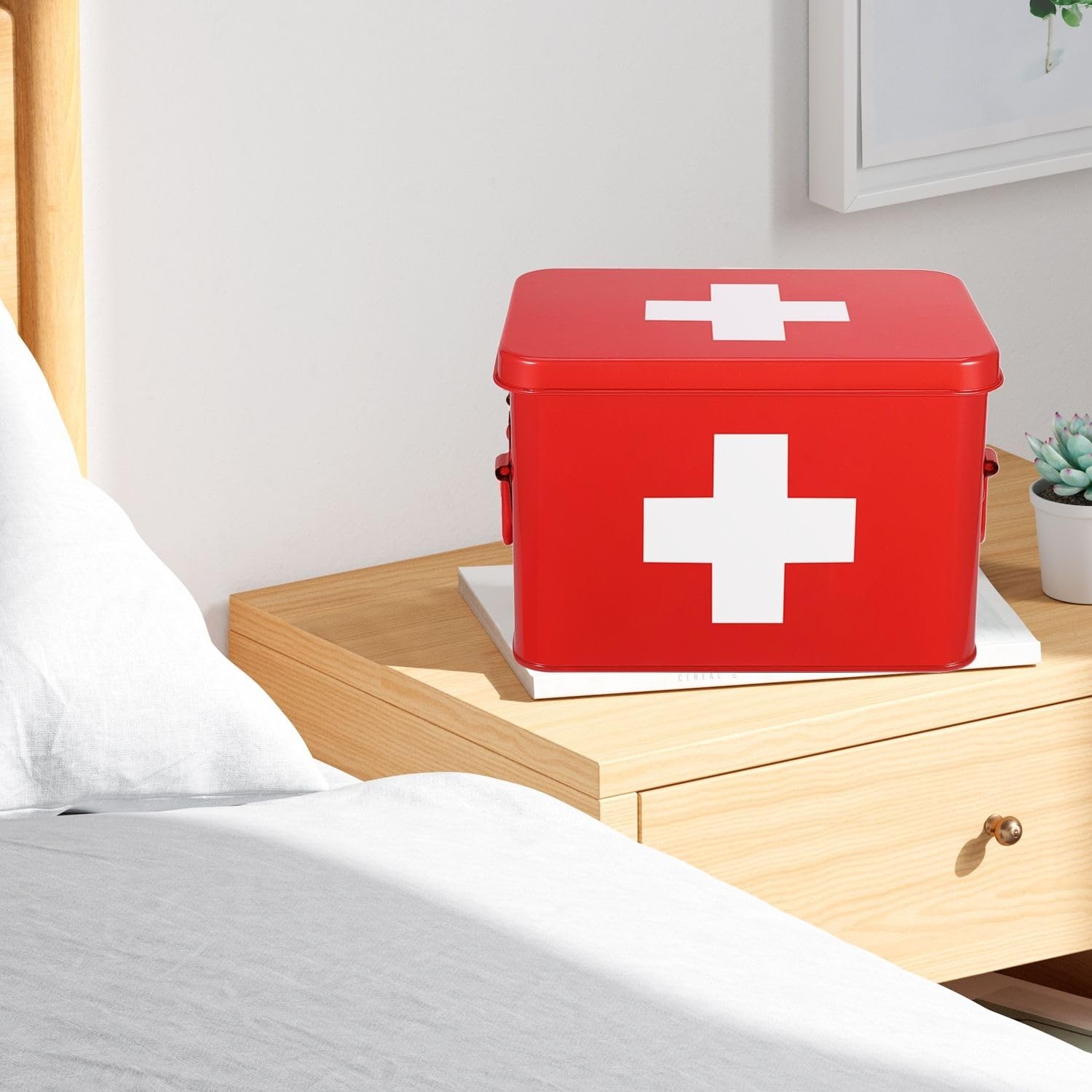 Flexzion First Aid Box Organizer, Empty 8.5 Inch Red Vintage First Aid Kit Tin Metal Medical Box First Aid Storage Box Container
