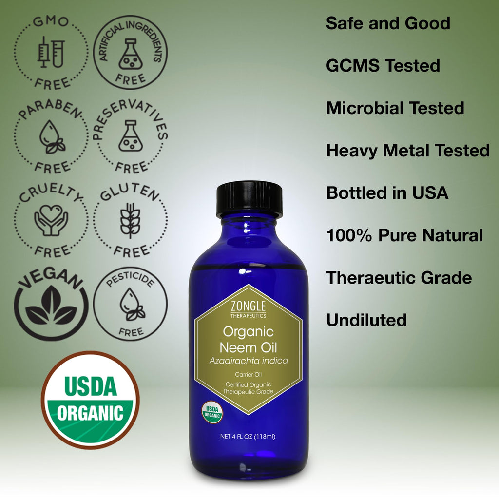 Organic, Neem Oil, for Plants, Skin, Hair, Dogs - 100% Pure, Neem Oil, by Zongle Therapeutics, 4 OZ