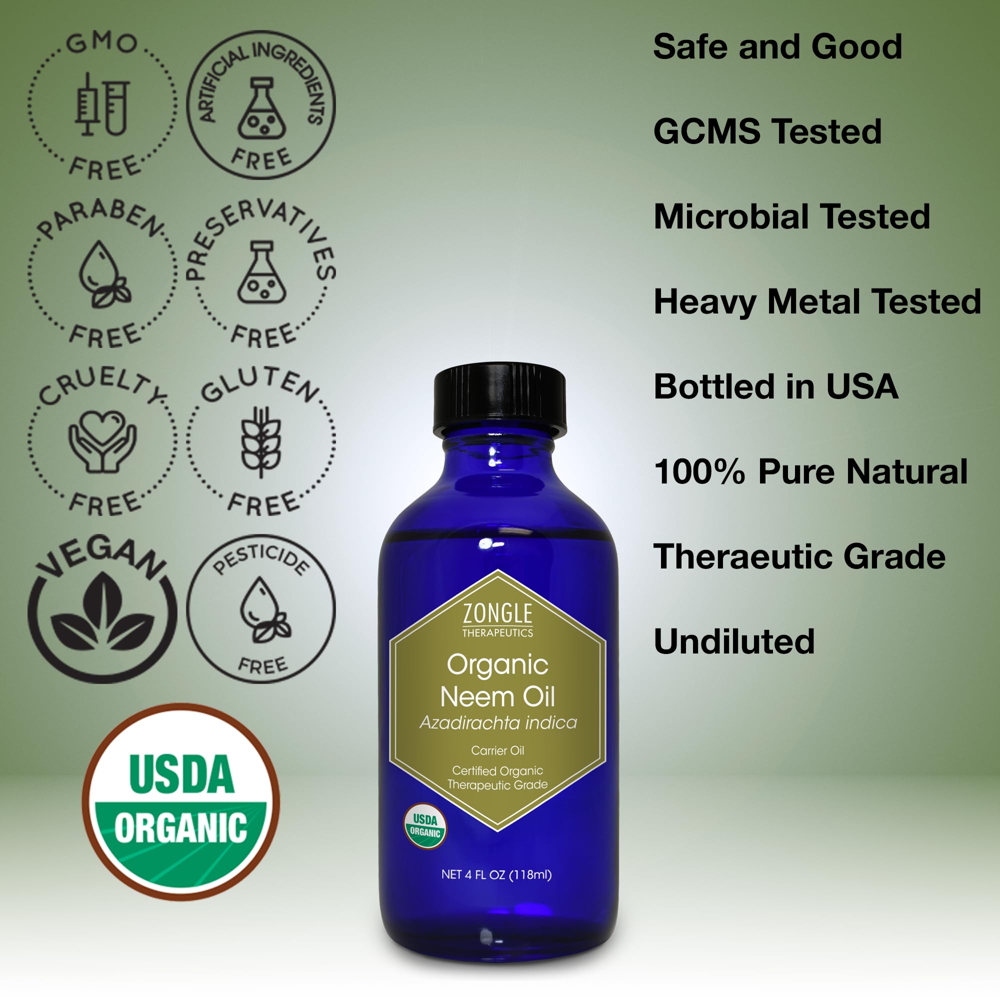 Organic, Neem Oil, for Plants, Skin, Hair, Dogs - 100% Pure, Neem Oil, by Zongle Therapeutics, 4 OZ