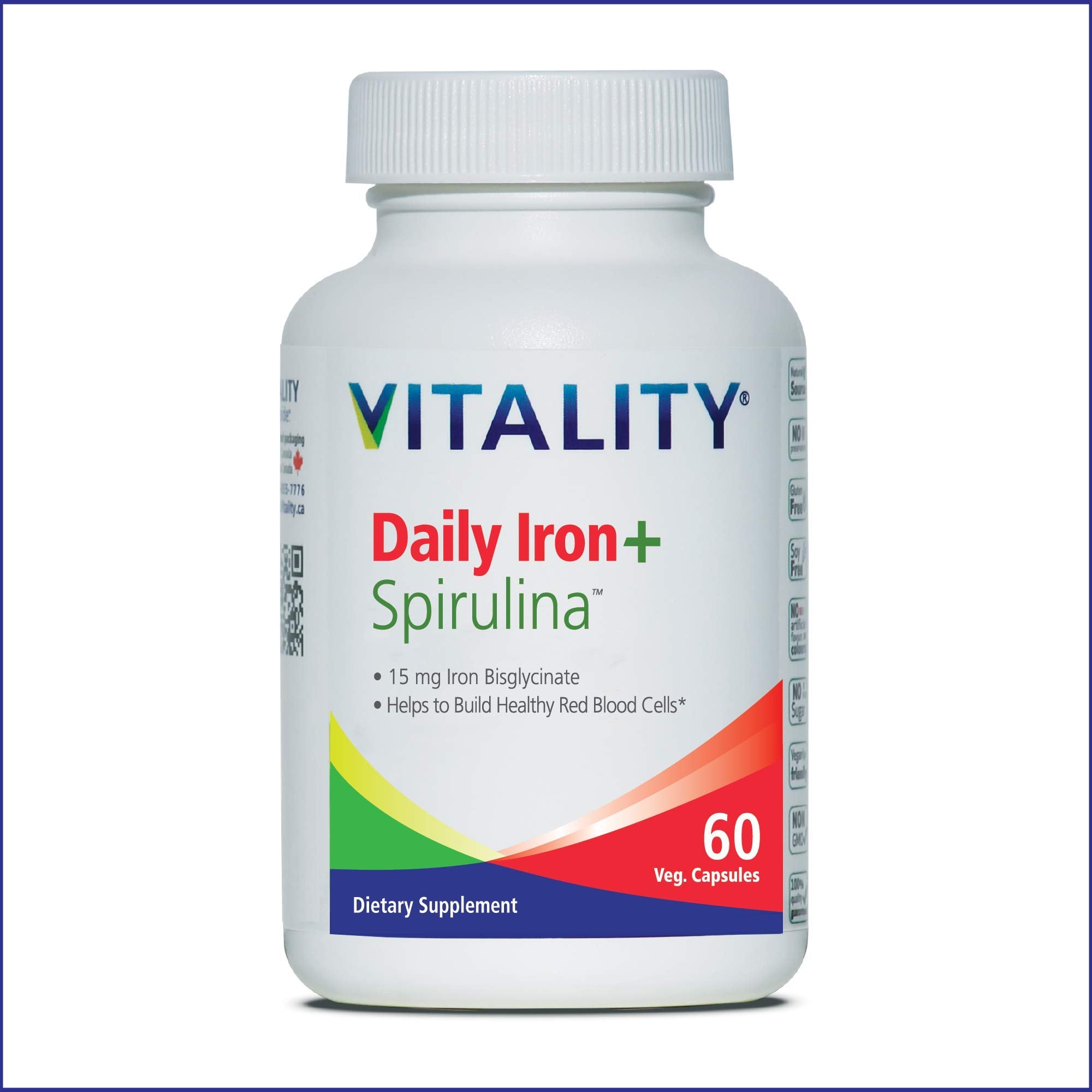 VITALITY Daily Iron + Organic Spirulina, 60 Veg Capsules | 15mg Iron | Blood Builder | Iron Deficiency Support | Vegan |All Natu