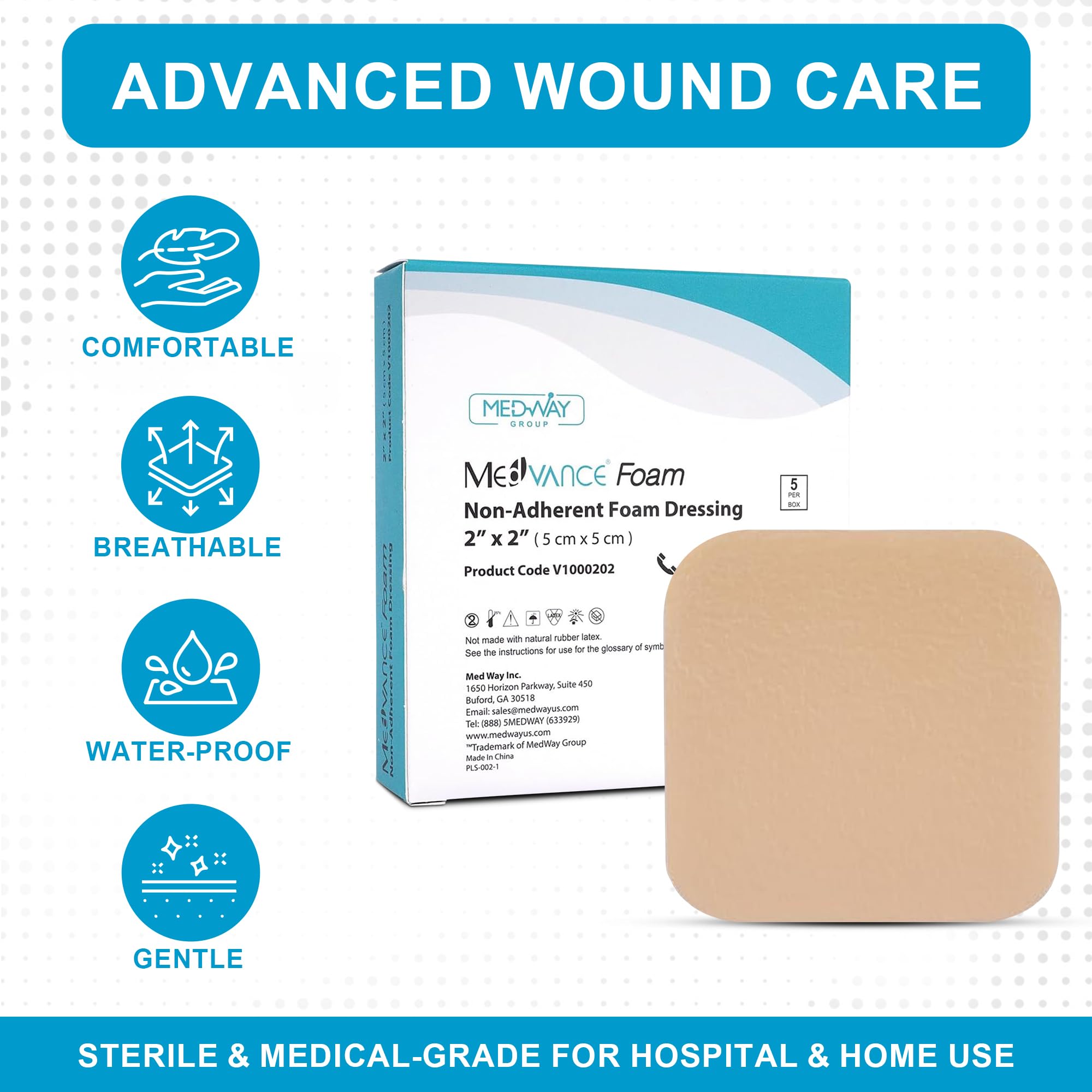 MedVance TM Foam - Waterproof Non-Adhesive Hydrophilic Foam Dressing 2X 2 Box of 5 dressings