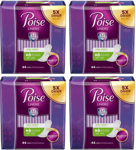 Poise Kimberly-Clark Liners for Light Bladder Leakage, Long Length, Very Light Absorbency, 44 Count (Pack of 4)