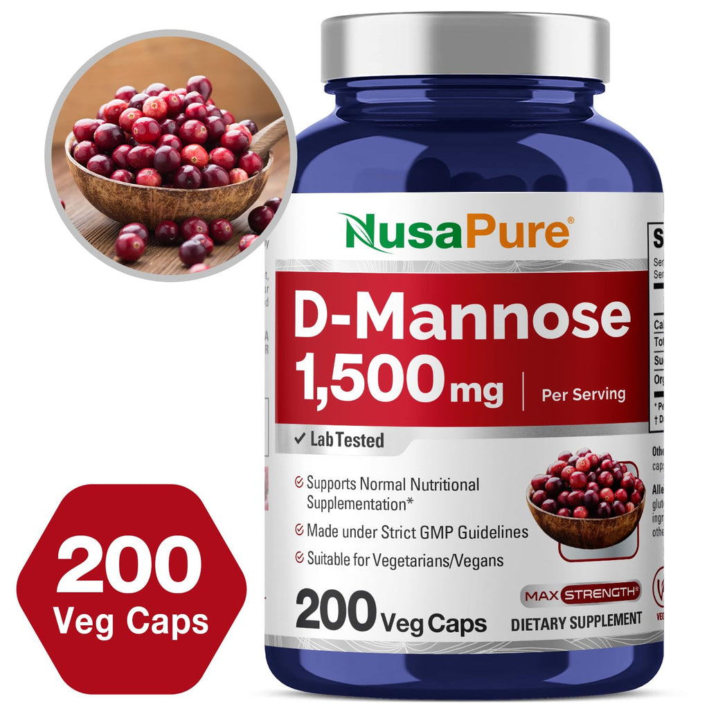 NusaPure D-Mannose 1500 mg per Serving - 200 Vegetarian Capsules (Organic, Non-GMO, Vegan)