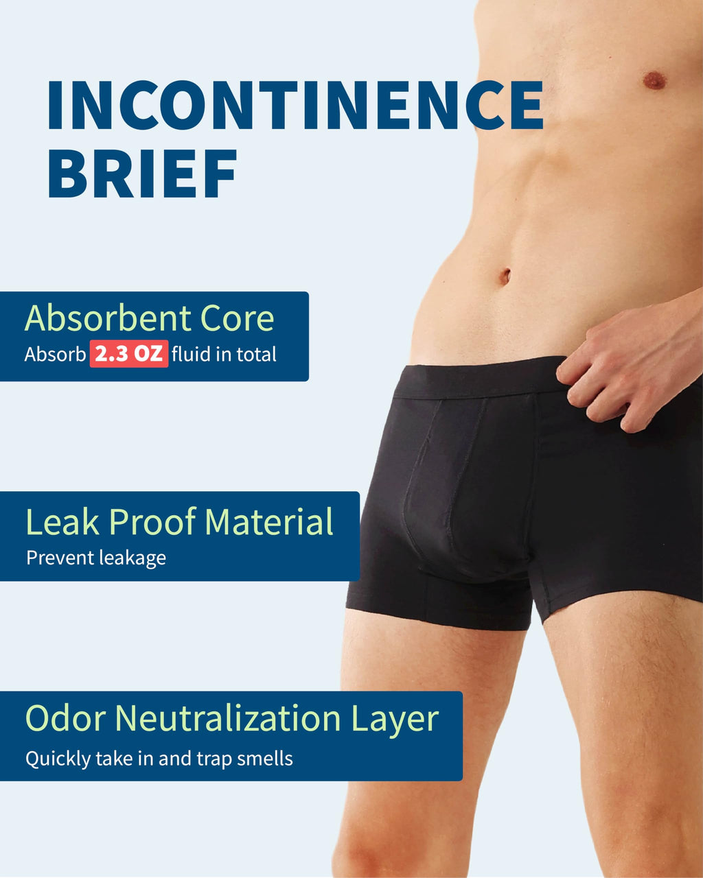 REELINDRY Mens Incontinence Underwear Washable, 2.3 oz Leak Proof Absorbent Odor Neutralization Briefs for Bladder Leak 2 Pack(B
