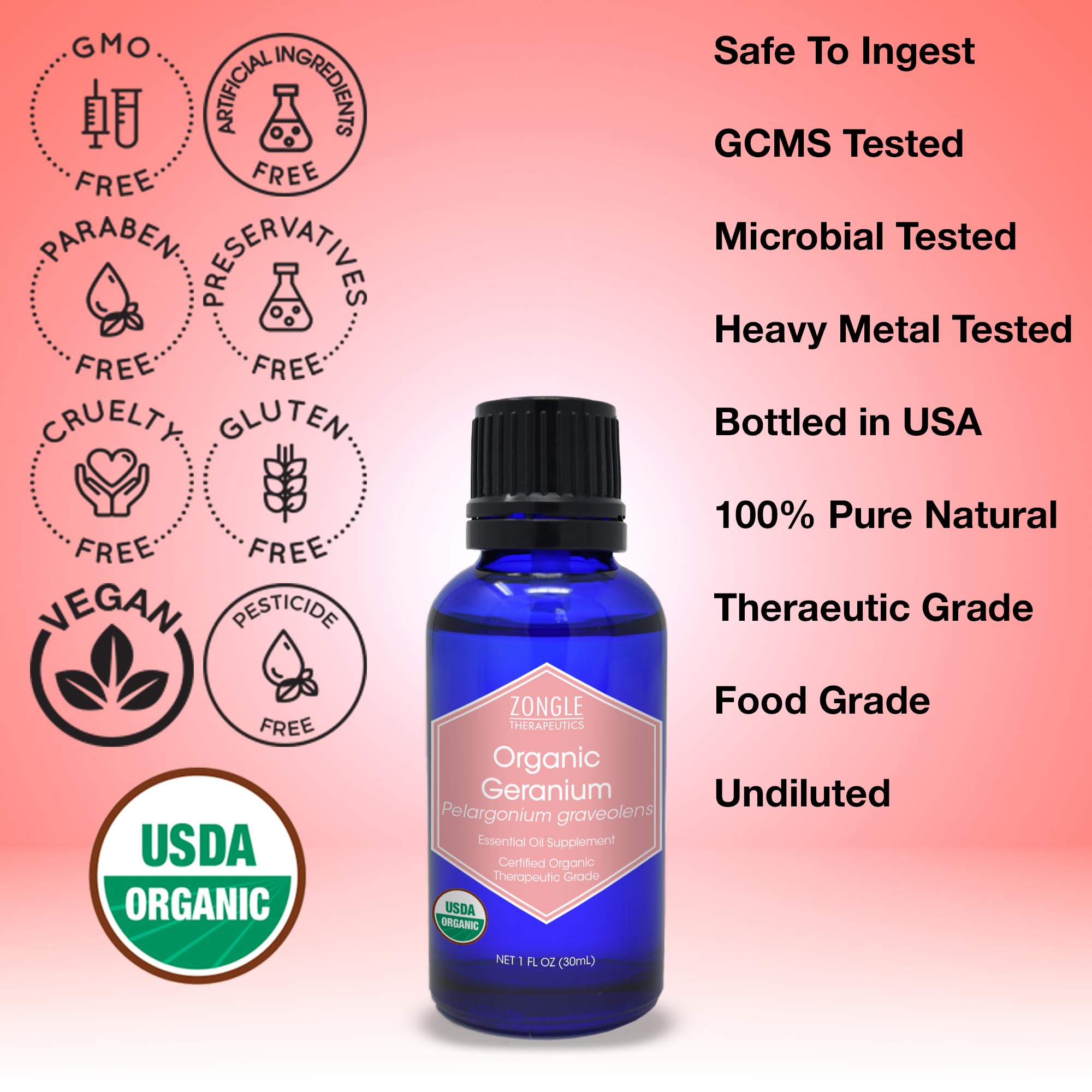 Organic, Geranium Essential Oil, Food Grade, for Skin - 100% Pure, Geranium Oil, by Zongle Therapeutics, 1 OZ