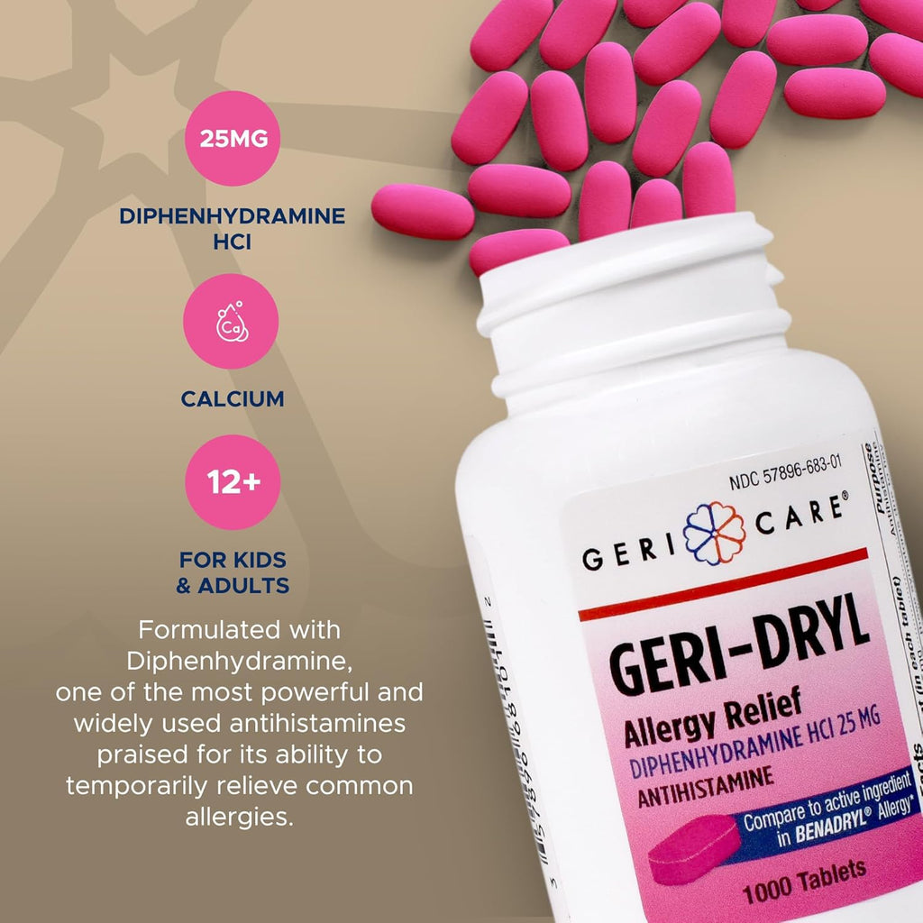 Geri-Dryl Allergy Relief Tablets (1000 Count) by GeriCare| Diphenhydramine HCI 25mg Antihistamine Tablets for Sneezing, Runny No