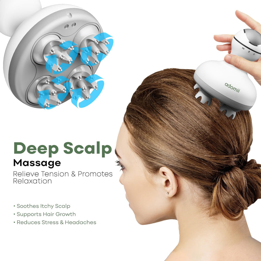 adomii Electric Scalp Massager for Headache & Stress Relief - Cordless, Handheld Head Massager for Scalp w/ 84 Kneading Nodes fo