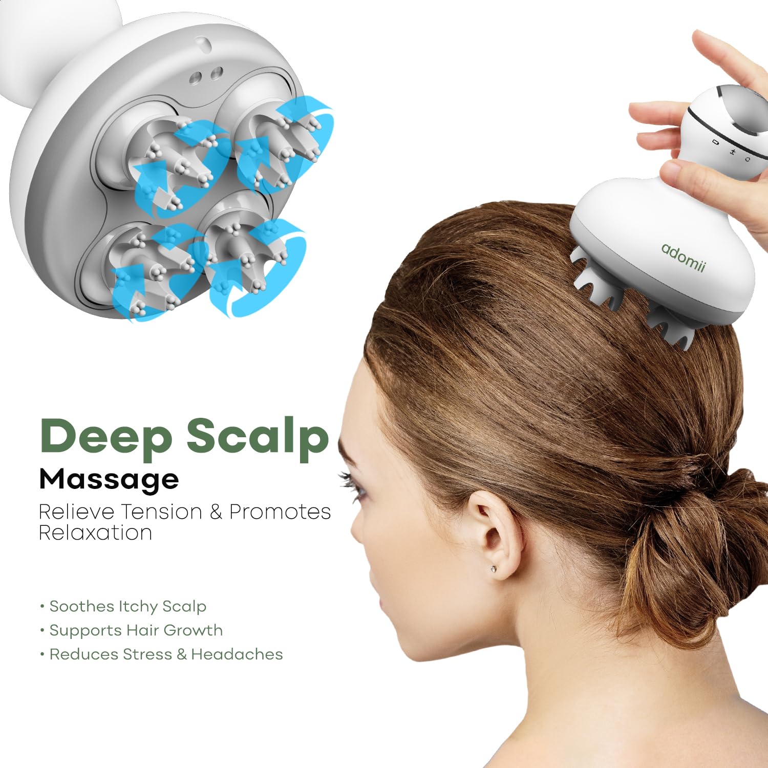 adomii Electric Scalp Massager for Headache & Stress Relief - Cordless, Handheld Head Massager for Scalp w/ 84 Kneading Nodes fo