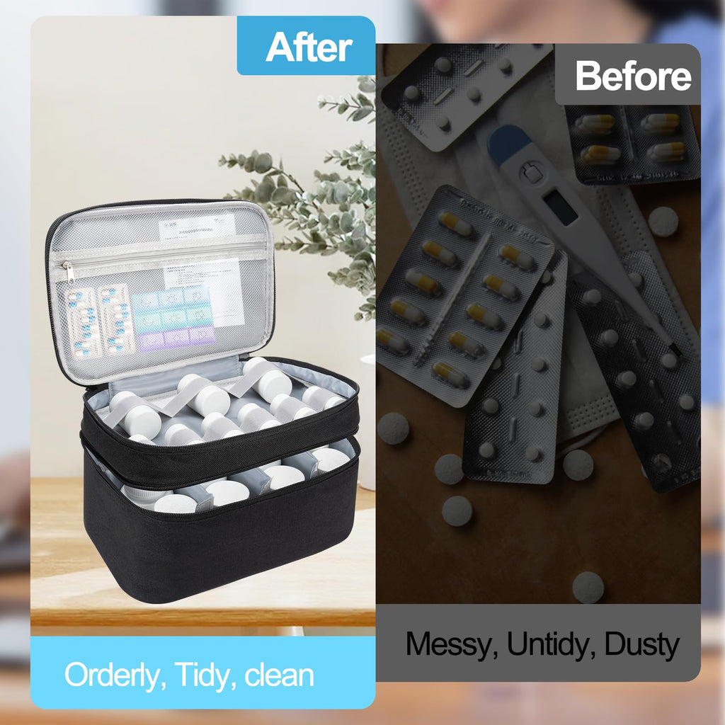Medicine Organizer Bag, Dual Layers Pill Bottle Organizer Storage Bag with Adjustable Divide, Medication Travel Bag for Pills, V