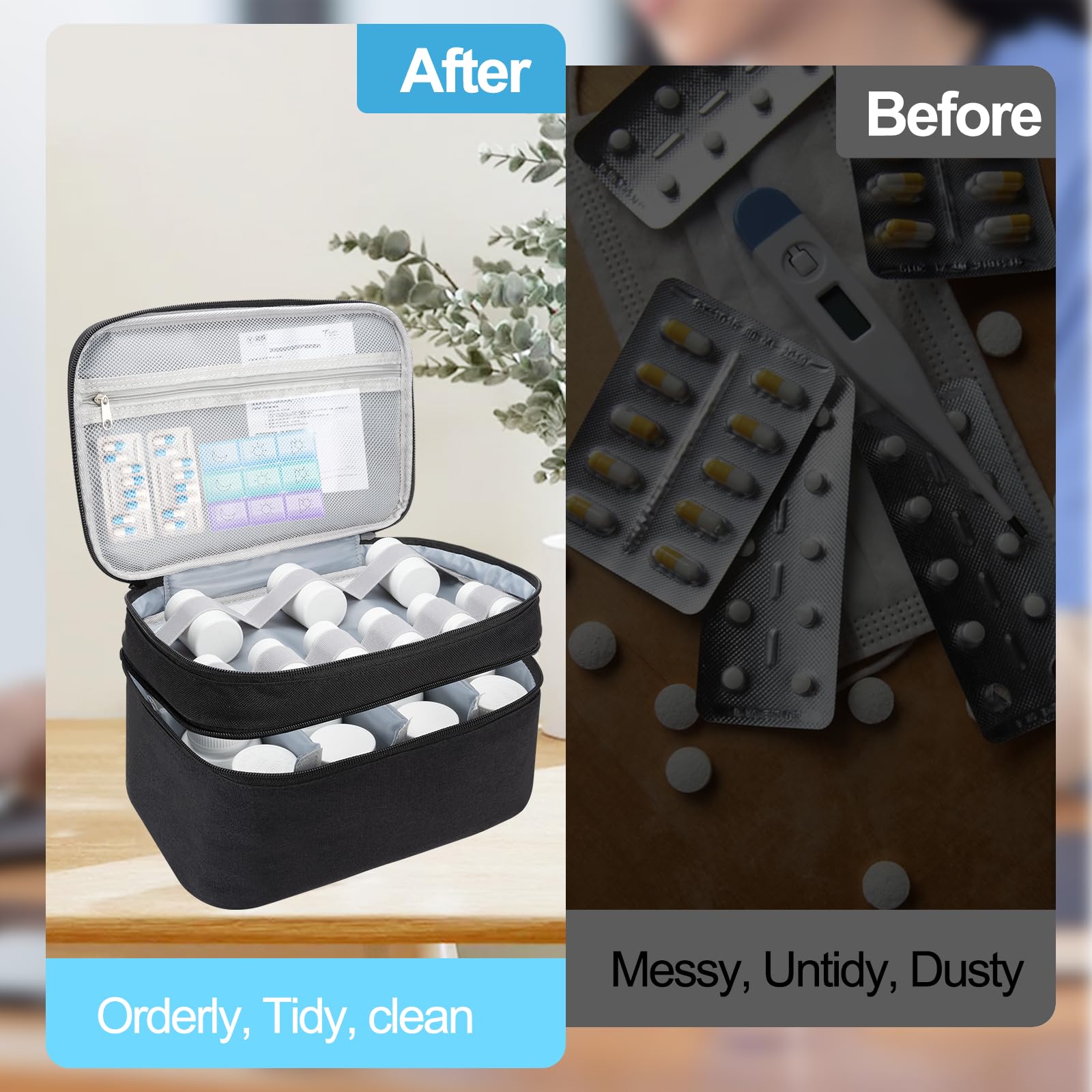 Medicine Organizer Bag, Dual Layers Pill Bottle Organizer Storage Bag with Adjustable Divide, Medication Travel Bag for Pills, V