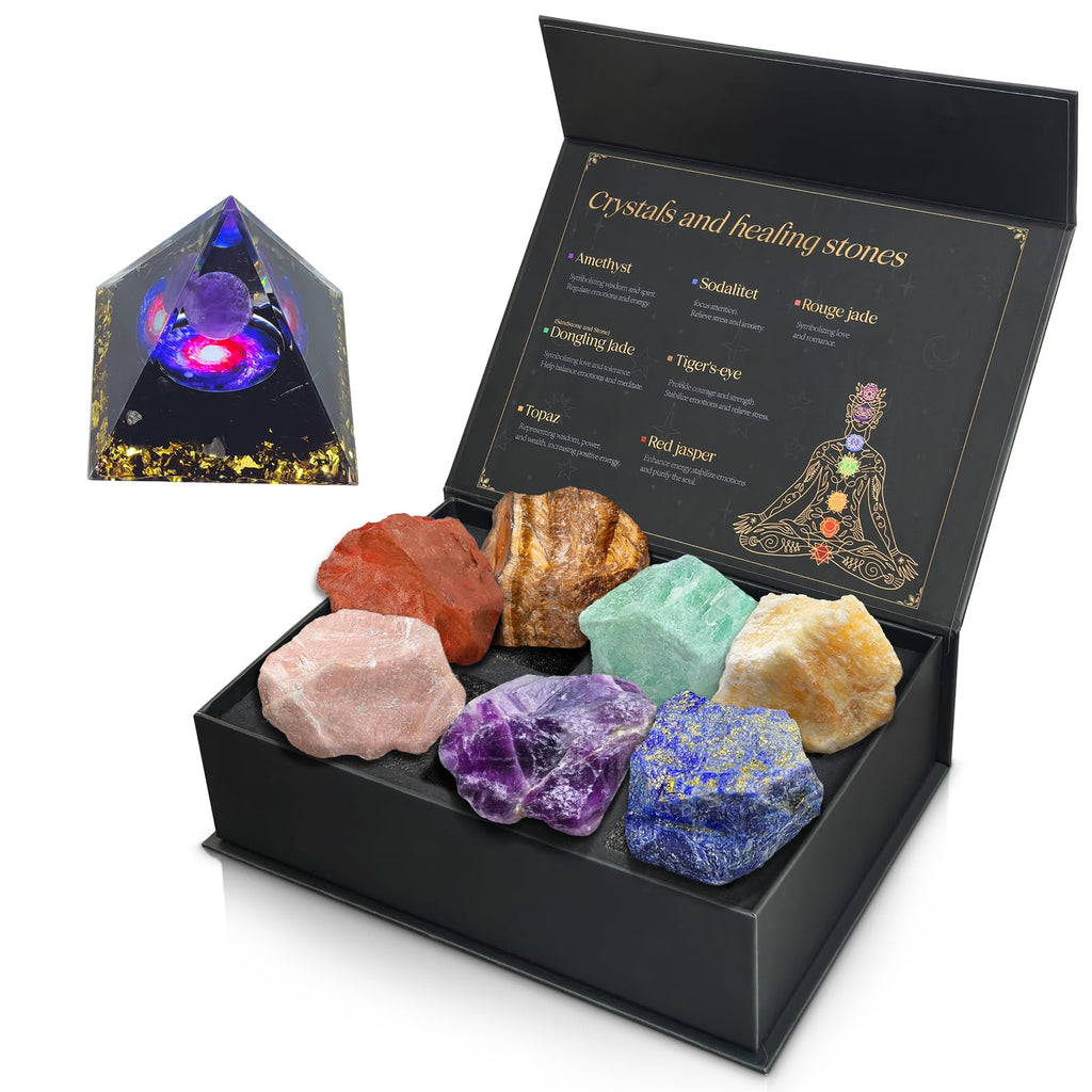 Crystals and Healing Stones Set with Orgonite Pyramid - (2-2.5 inch) Large 7 Chakras Stones, Positive Energy Healing Stones for 