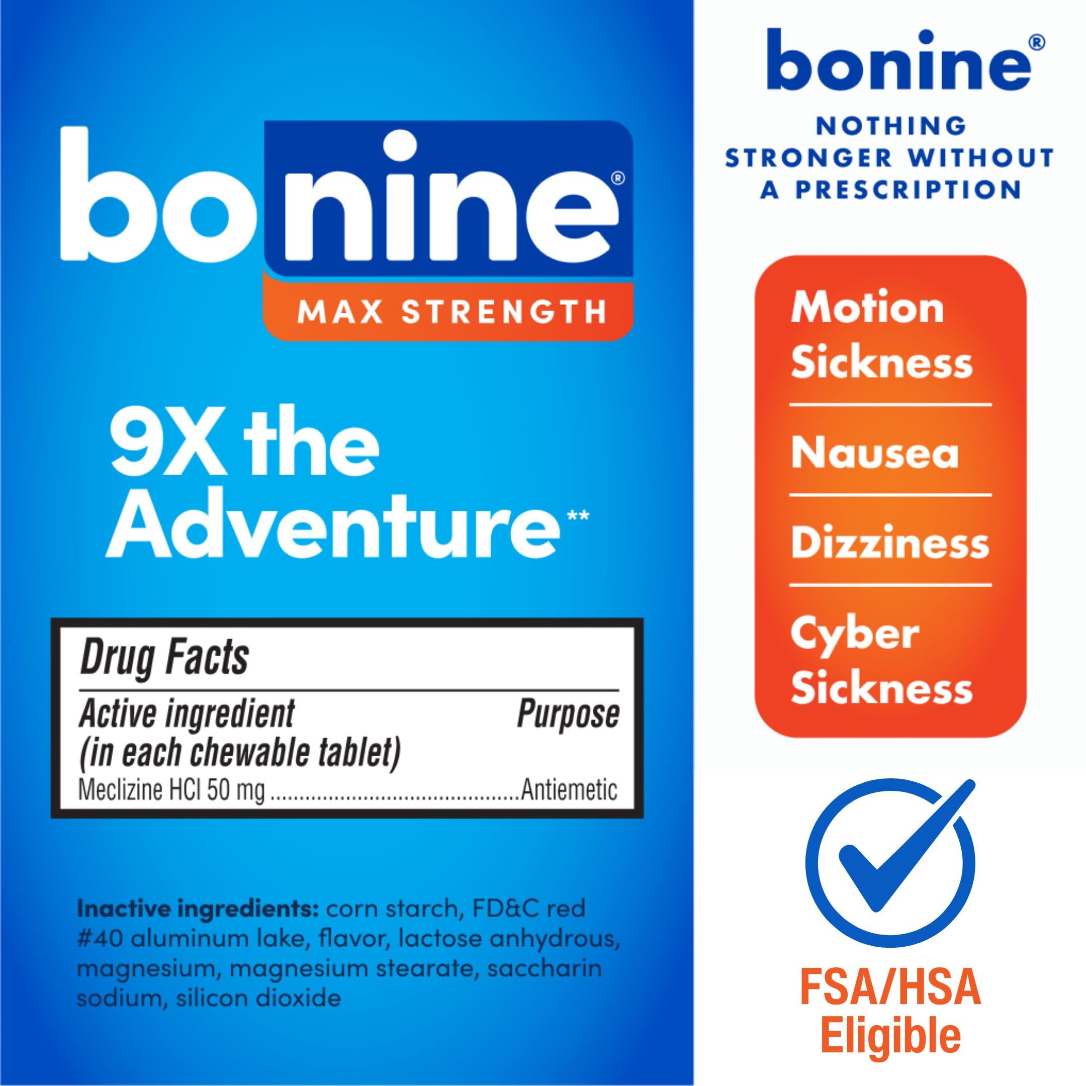 Bonine MAX Chewable for Motion Sickness Relief - with Meclizine HCL 50mg - Max Strength Formula to Treat Nausea or Motion Sickne