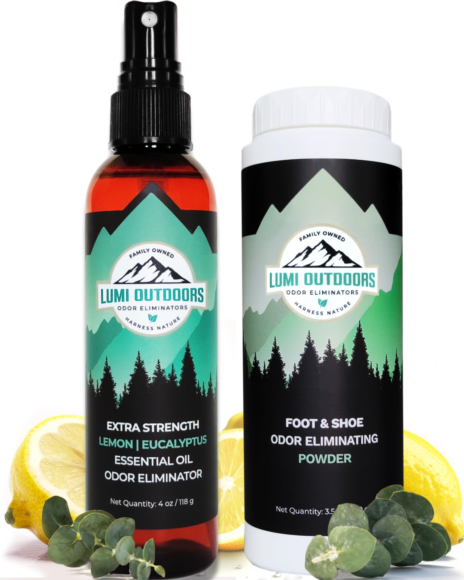 Lumi Outdoors Natural Shoe Deodorizer Spray and Foot Powder Bundle - Lemon Eucalyptus and Foot Powder