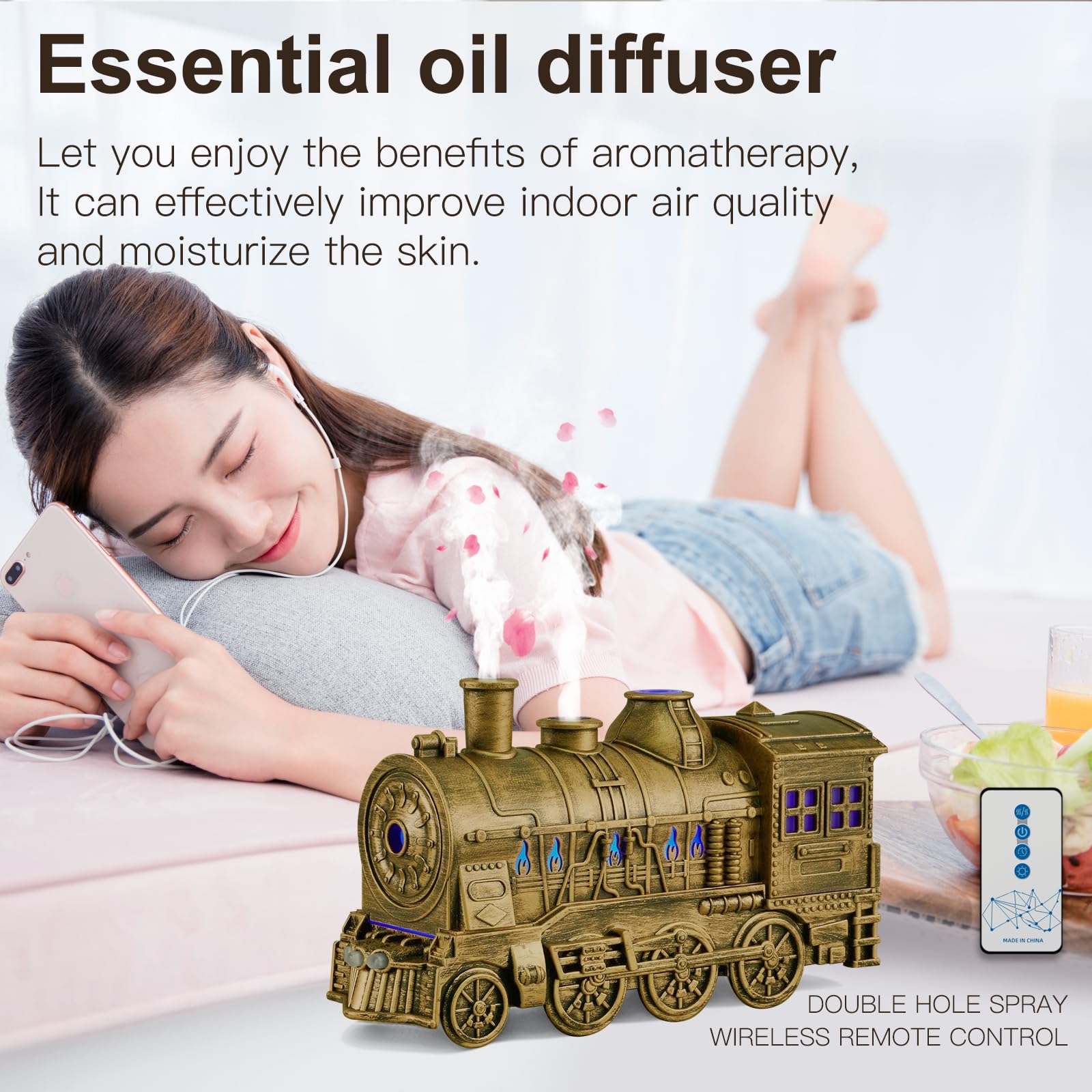 BLOIMP Essential Oil Diffuser Train Diffuser 300ml, Train Humidifier, Aromatherapy Diffuser Cool Mist Aromatherapy with 2 Light