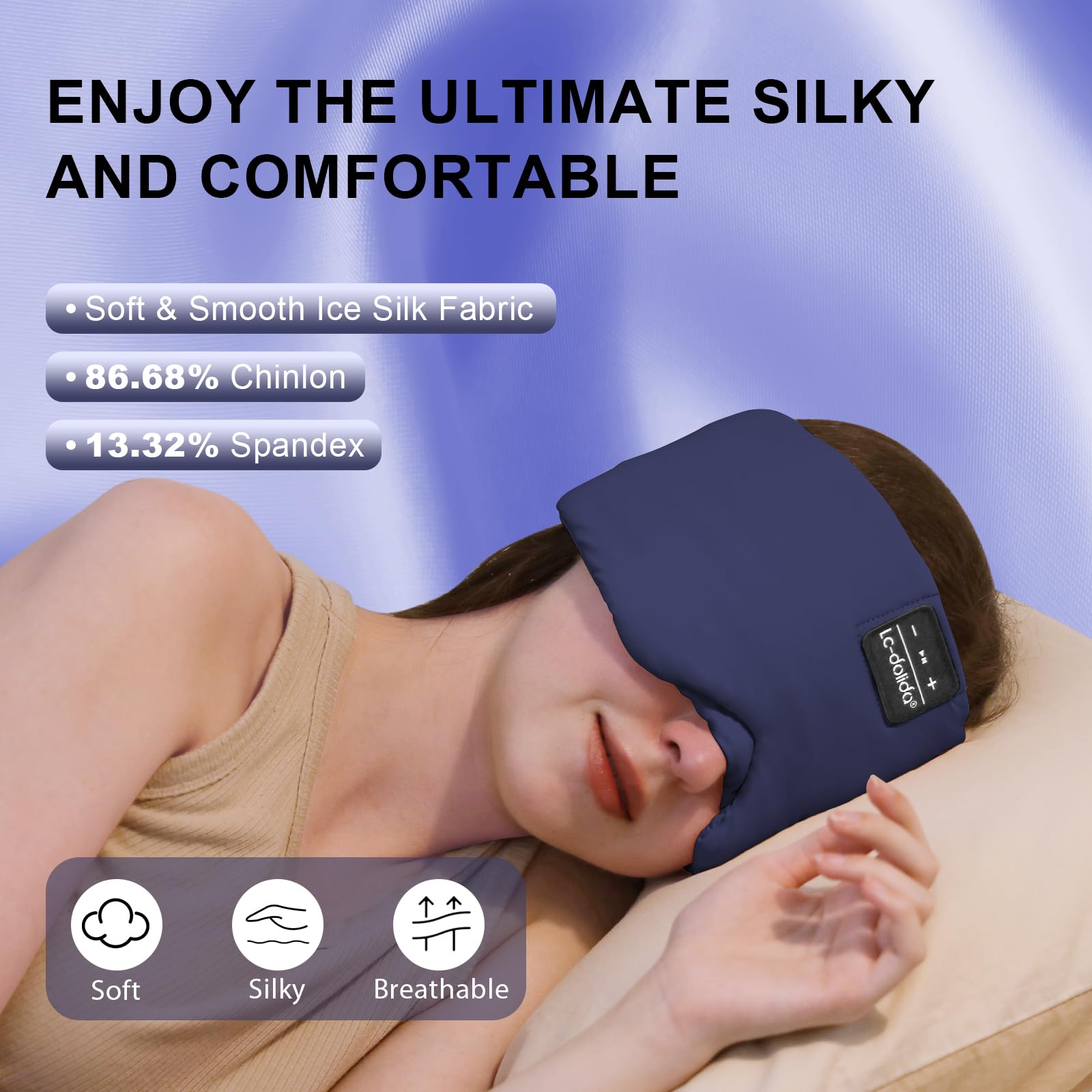 LC-dolida Sleep Mask with Bluetooth Headphones, Ice Silk Sleep Headphones with Bluetooth 5.4, Total Blackout Eye Mask for Sleepi