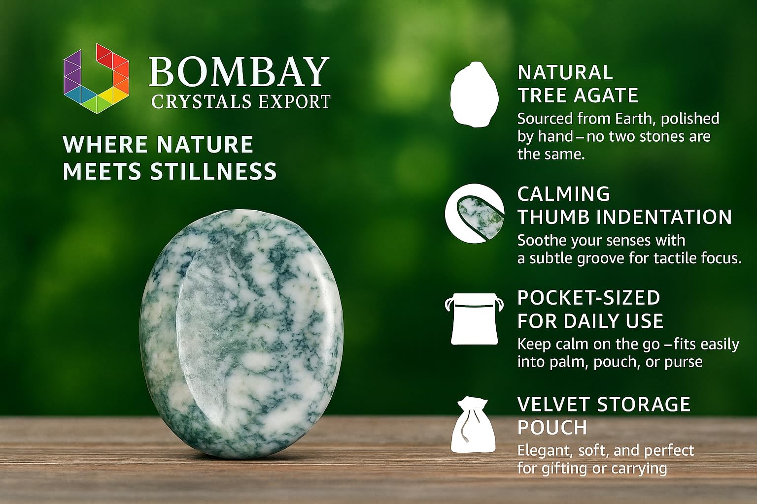 Tree Agate Worry Stone - Genuine Polished Palm & Thumb Stone for Inner Peace, Grounding, Heart Chakra & Travel Mindfulness Gift
