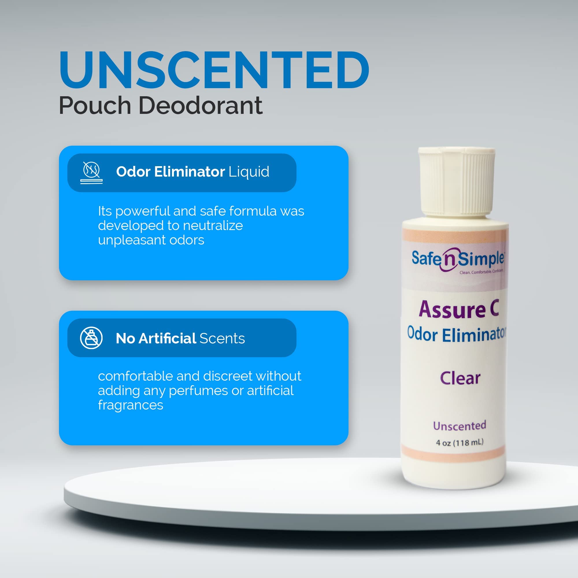 Safe n Simple Assure C - Clear Lubricating Ostomy Pouch Deodorant - Colostomy Bag Odor Eliminator - Colostomy Deodorizer Lubric
