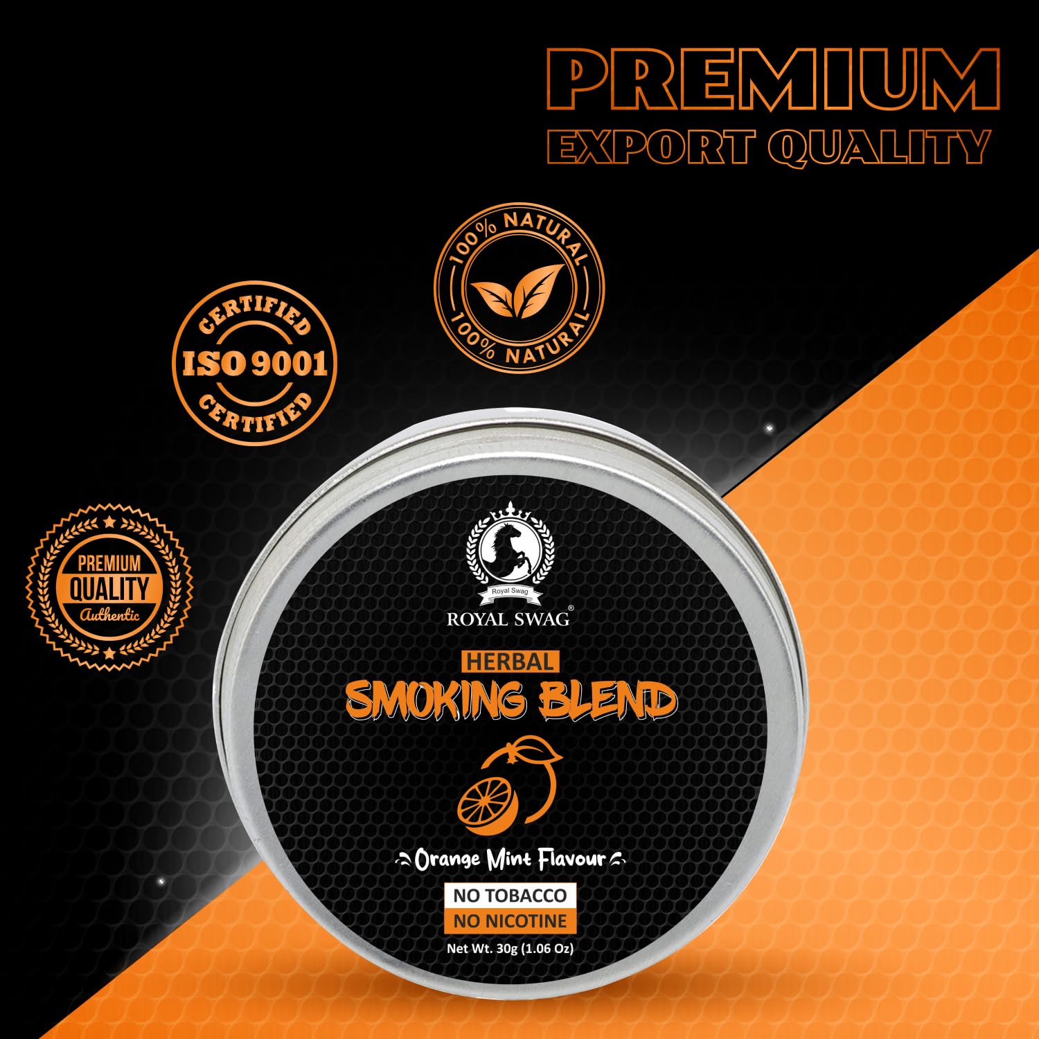 Royal Swag Ayurvedic Herbal Mixture 100% Tobacco-Free and Nicotine-Free Smoking Blend 30 g/1.0 oz (Container) | Orange Mint Flav