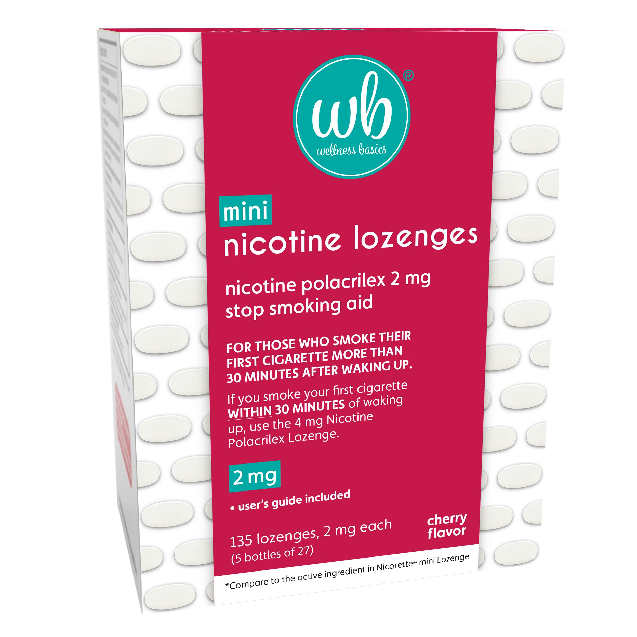 Wellness Basics Mini Nicotine Lozenge 2mg | Stop Smoking Aid | Cherry Flavor | 135 Count | Pack of 5 Vials | Reduces Cravings & 