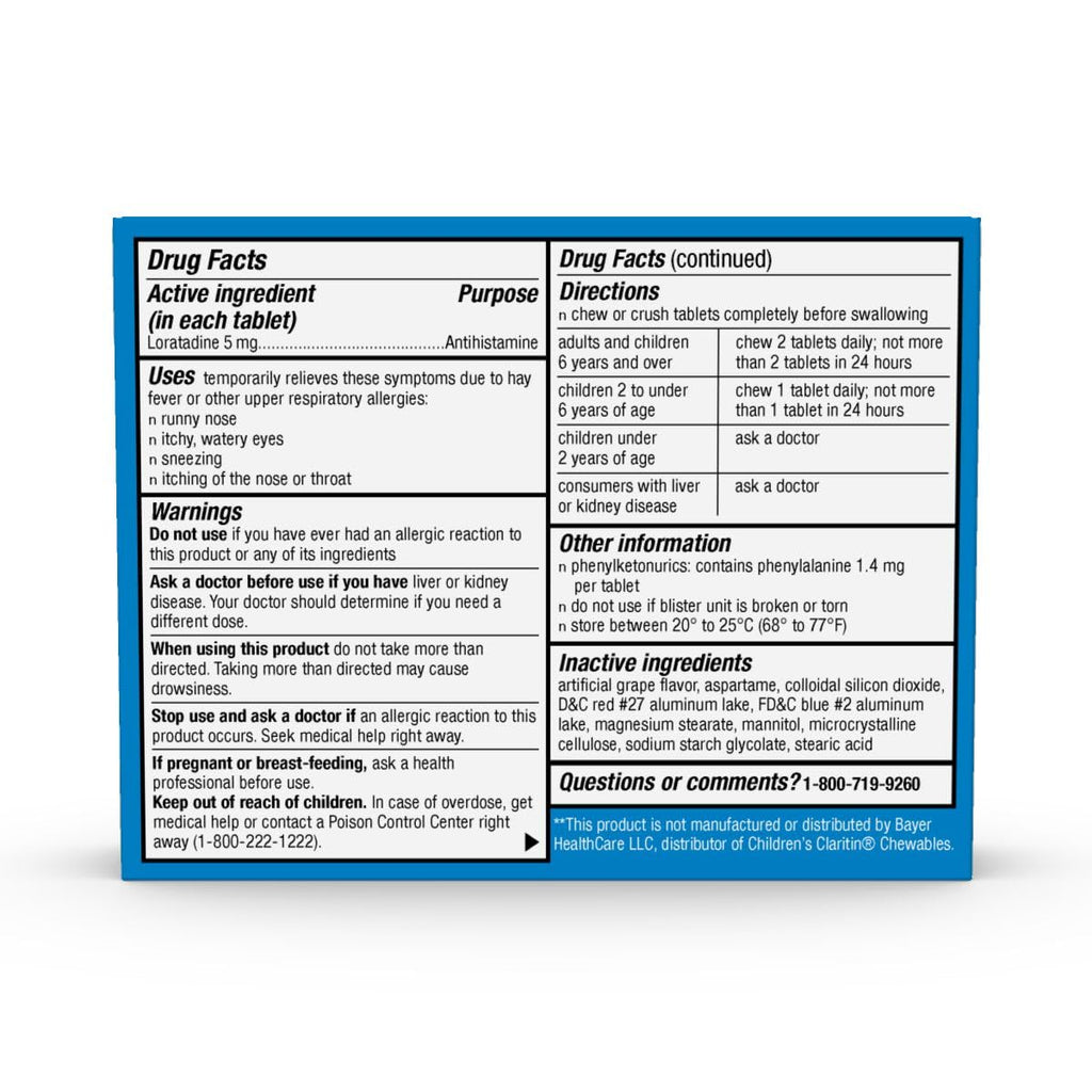 Rite Aid Childrens Non-Drowsy Allergy Relief Chewable Tablets, Grape Flavor, Loratadine, 5 mg - 30 Count | Childrens Allergy M