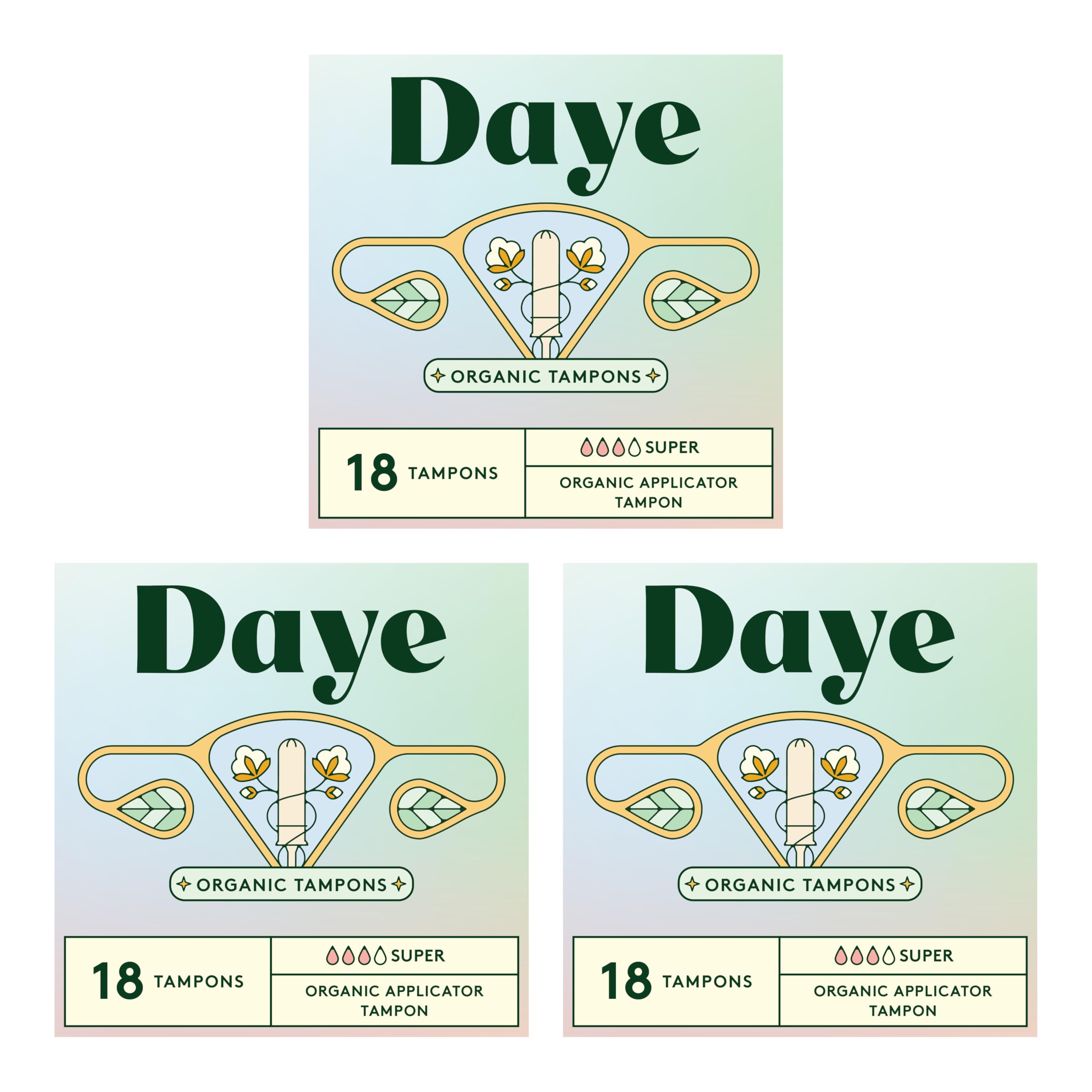 Daye Organic Tampons Super | 54ct | Pesticide & Metal Tested, 100% Organic Cotton for Heavy Flow | No-Shed Sleeve, Sugarcane App