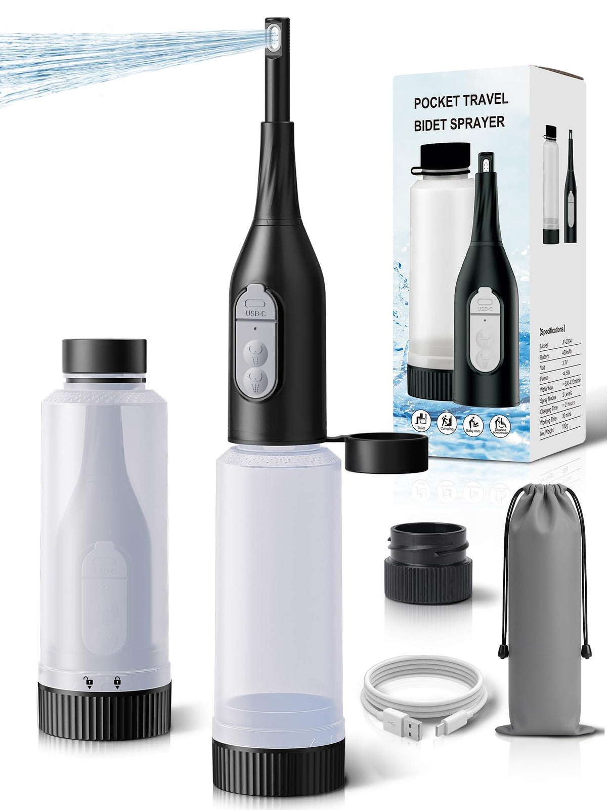 Portable Bidet for Travel  Electric Peri Bottle with Dual Spray Modes, 360 Nozzle, Water Bottle Adapter, USB Rechargeable, Wate