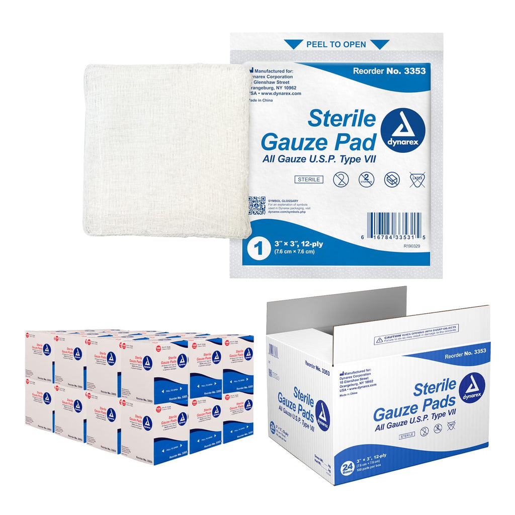 Dynarex Sterile Gauze Pads - Absorbent Cotton Fabric with Folded Edges - Soft, Durable, Individually Wrapped Dressing - 3x3, 12-