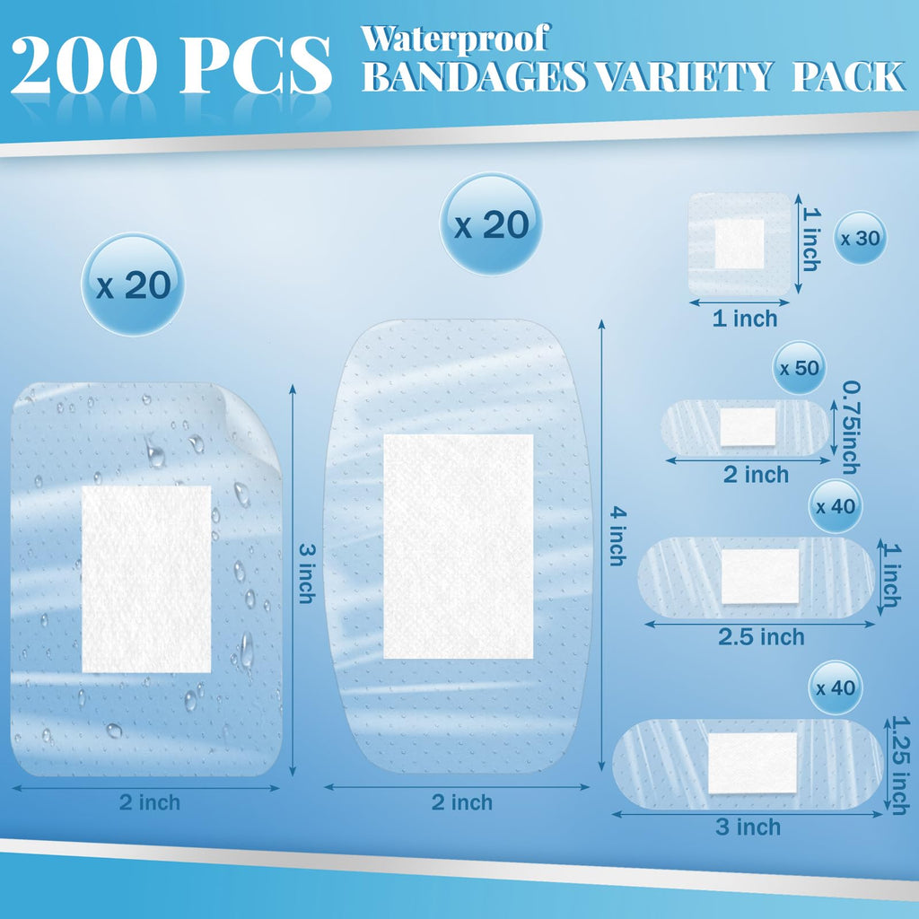 Geiserailie 200 Pcs Sheer Waterproof Bandages Family Variety Pack Clear Adhesive Bandages for Wound Care, Fingers, Elbows, Knees