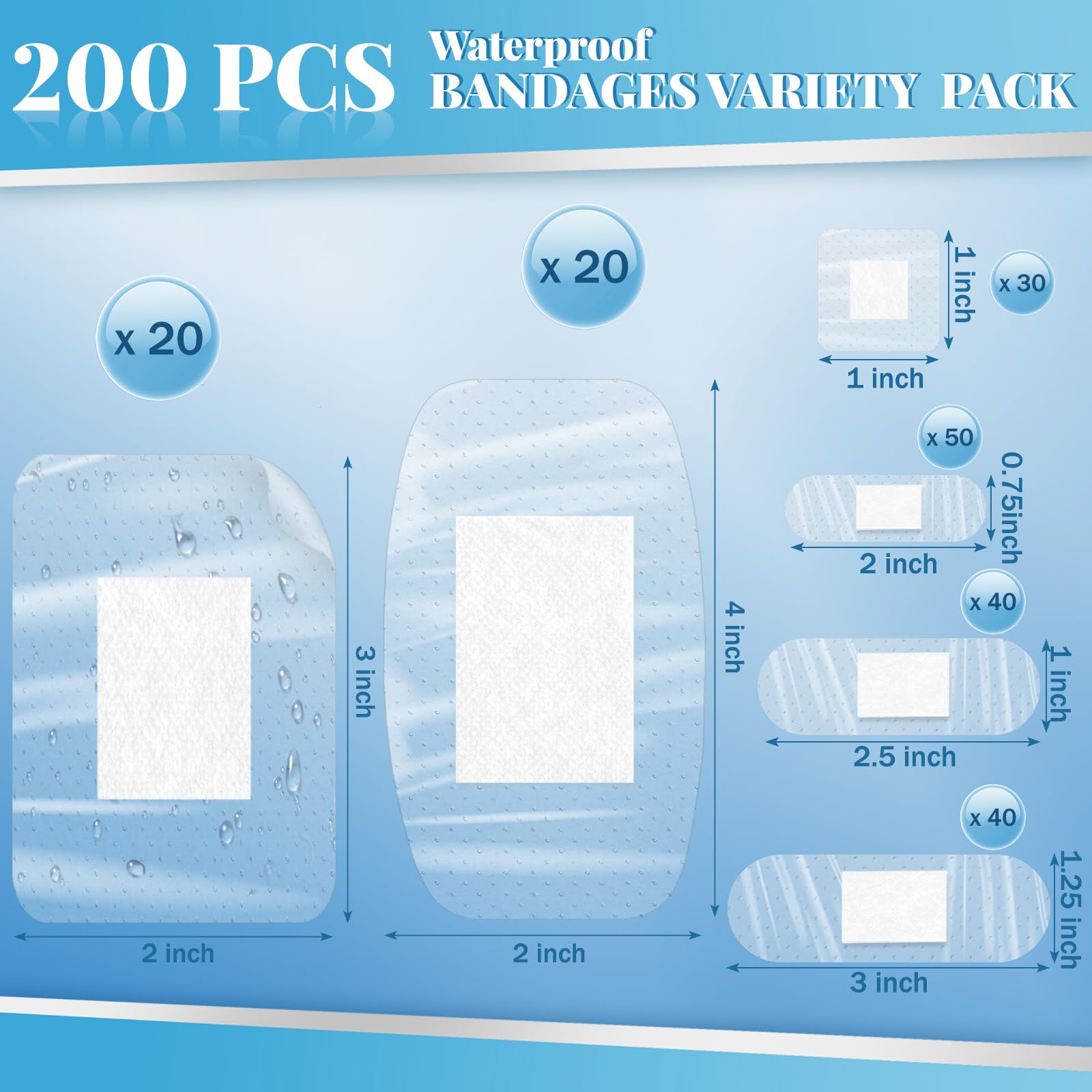 Geiserailie 200 Pcs Sheer Waterproof Bandages Family Variety Pack Clear Adhesive Bandages for Wound Care, Fingers, Elbows, Knees