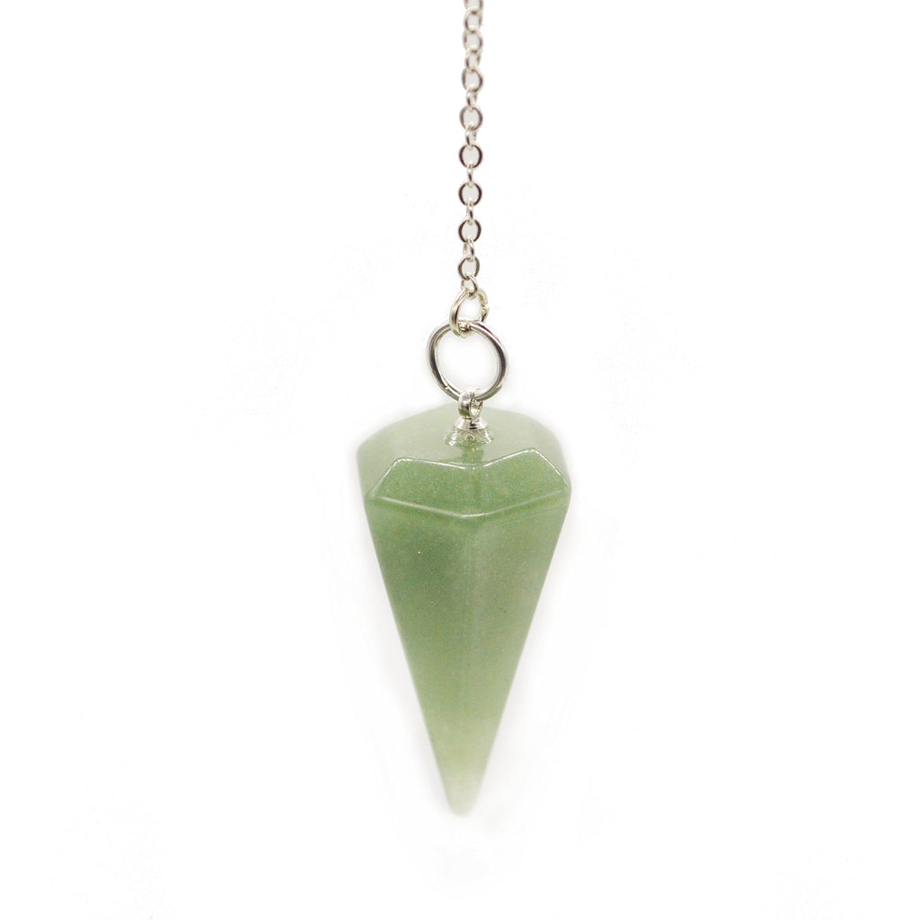 Dowsing Pendulum Made of Natural Green Aventurine Crystal for Divination Chakra Reiki. Pointed with Chain and Jewelry Pouch