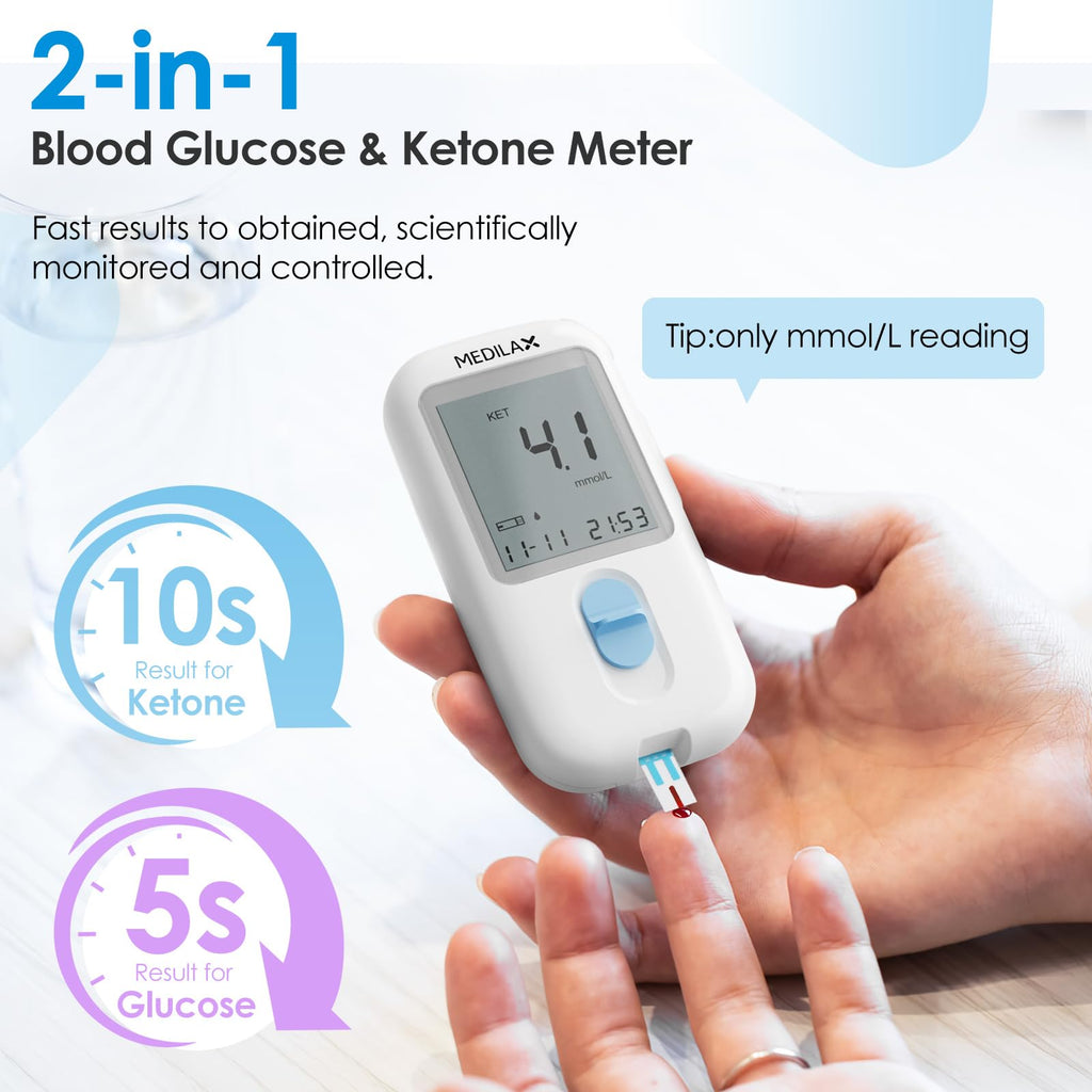 Medilax Ketone Monitor and Glucose Meter Kit - Dual Blood Sugar and Ketone Test Meter Kit with 10 Ketone Test Strips, 10 Glucose