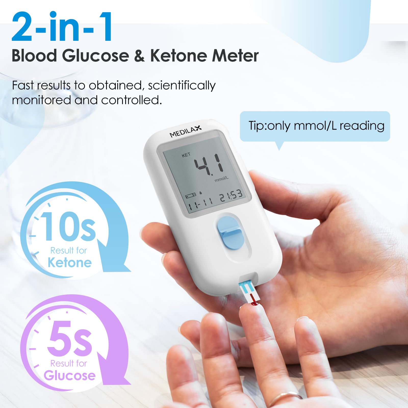 Medilax Ketone Monitor and Glucose Meter Kit - Dual Blood Sugar and Ketone Test Meter Kit with 10 Ketone Test Strips, 10 Glucose