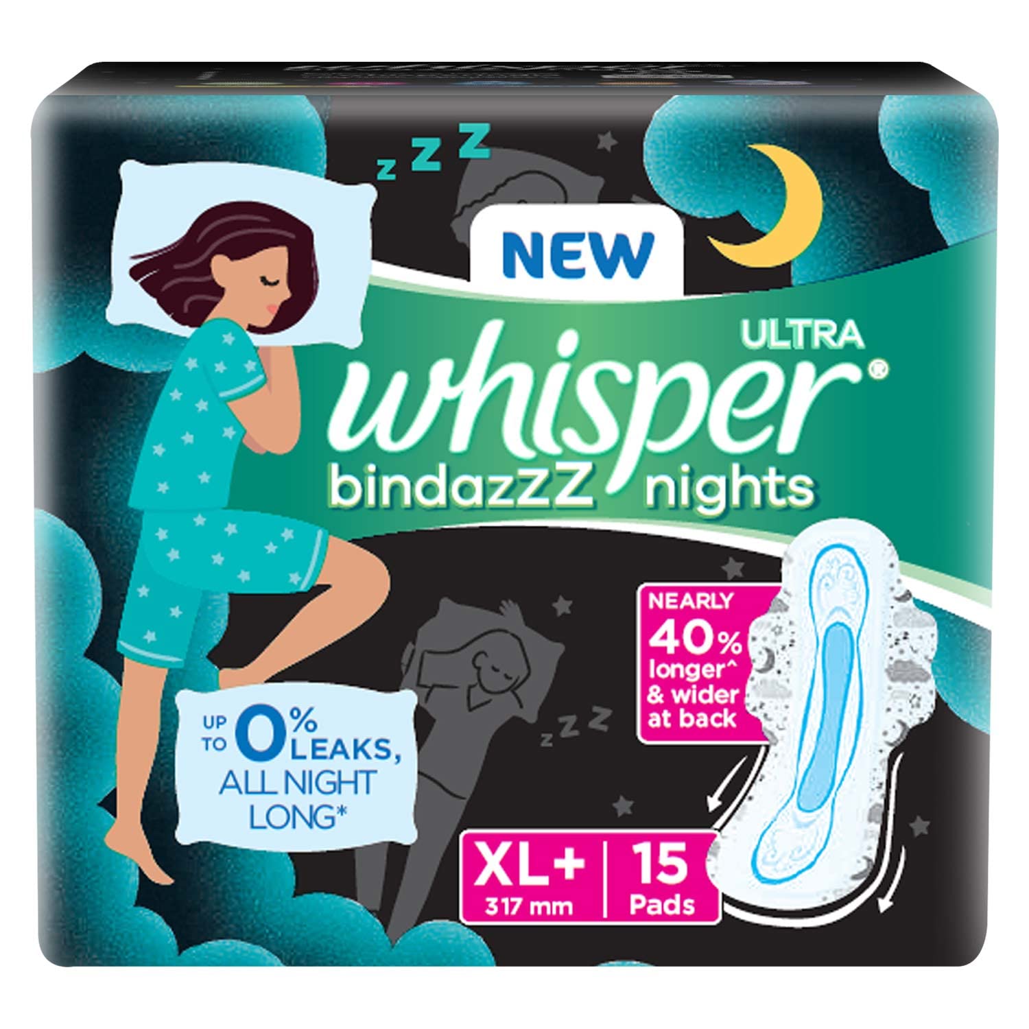 Whisper Ultra Night Sanitary Pads for Women, XL+ 15 Napkins