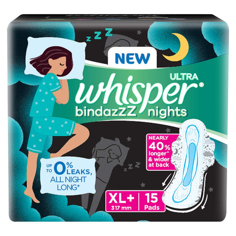 Whisper Ultra Night Sanitary Pads for Women, XL+ 15 Napkins