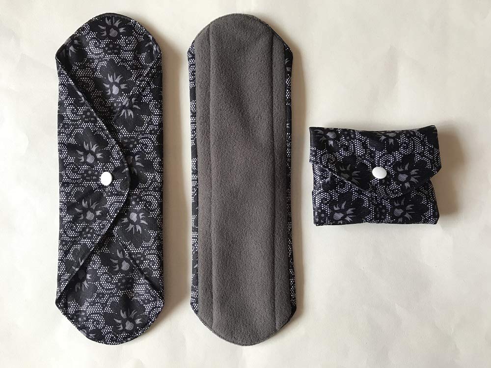 5 Pieces Charcoal Bamboo Mama Cloth/Menstrual Pads/Reusable Sanitary Pads (Black lace, Heavy (12 inch))