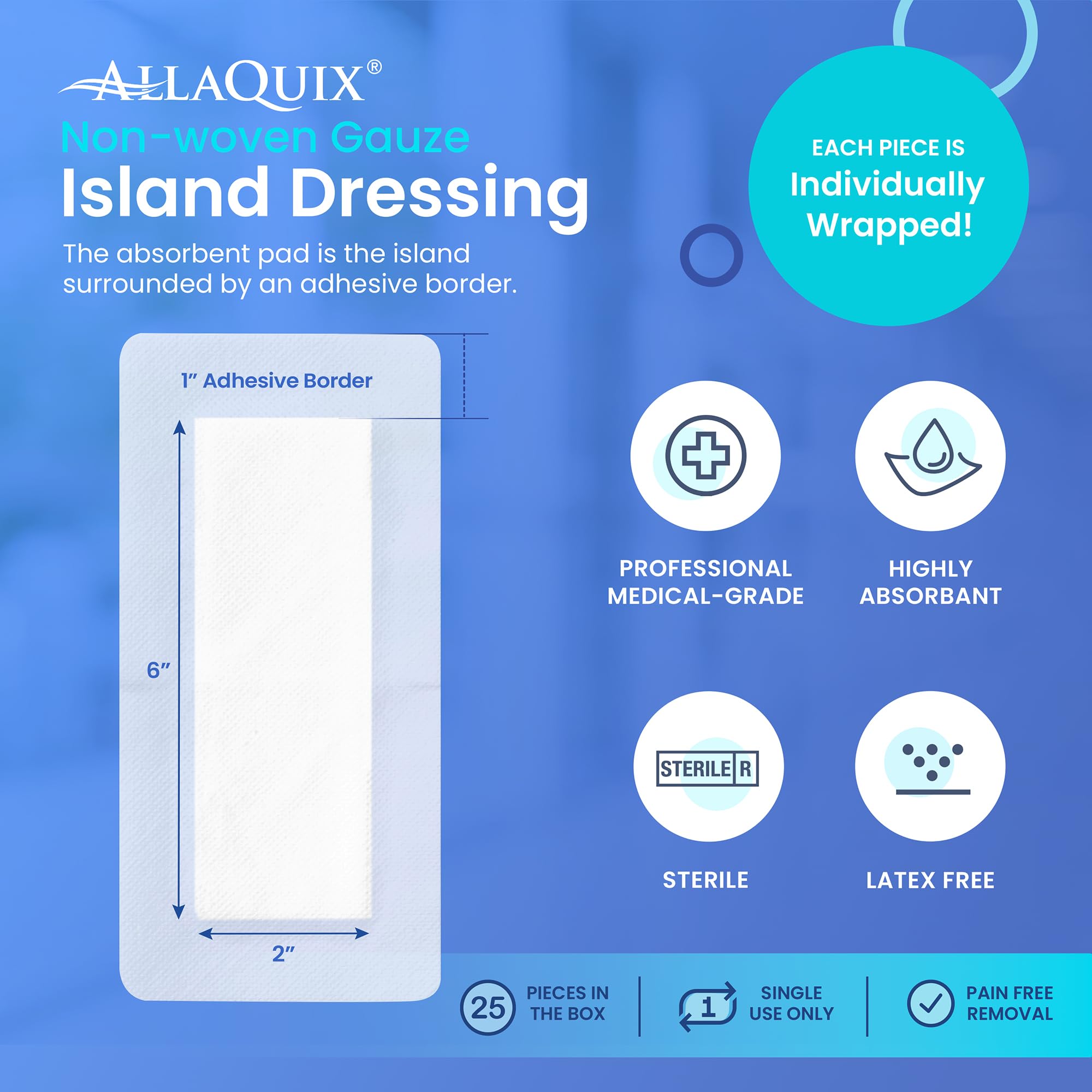 AllaQuix Basic Non-Woven Gauze Island Dressing 4    x 8    (Box of 25) Advanced Wound Care - Medical-Grade Adhesive Gauze Pads