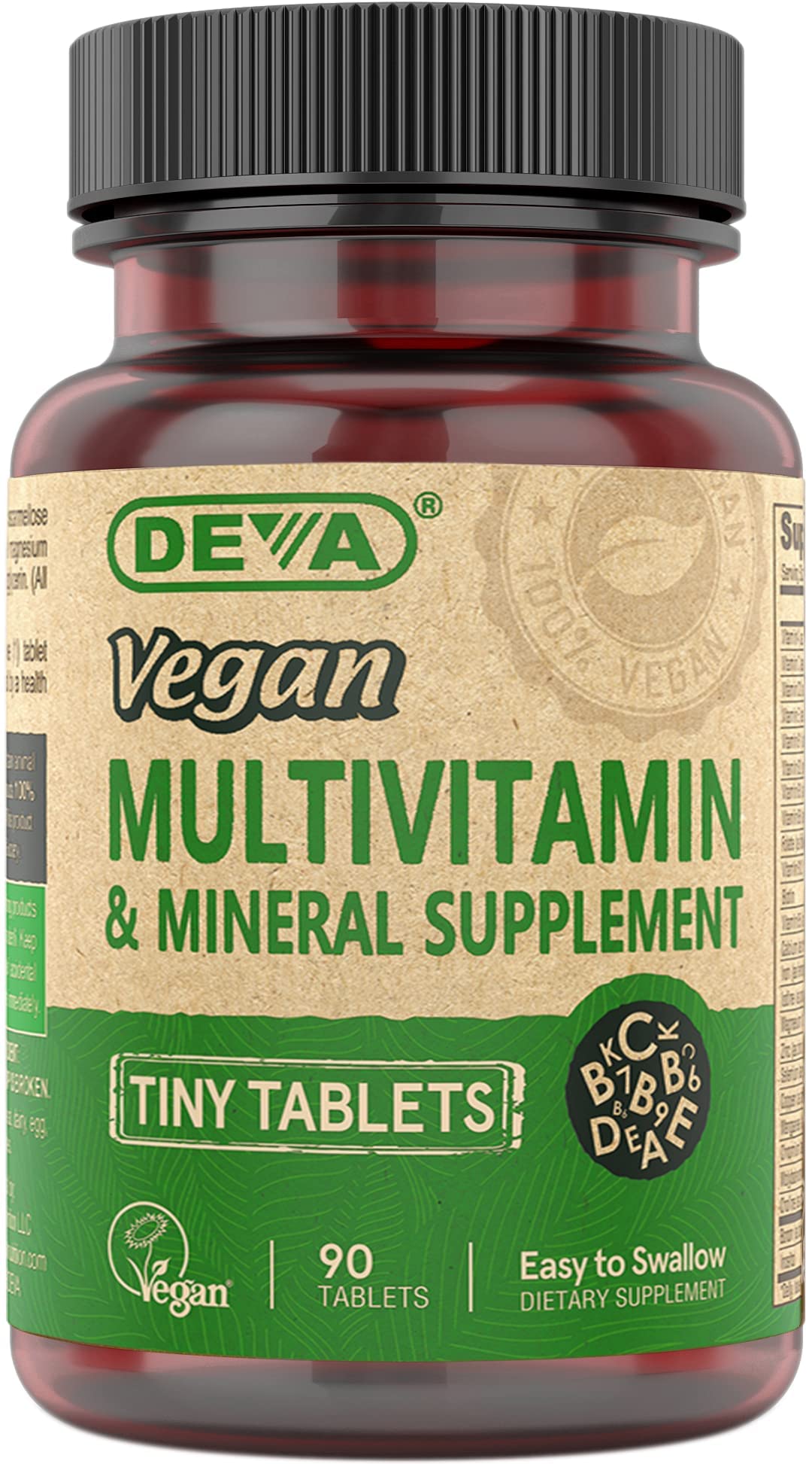 DEVA Tiny Tablets Vegan Multivitamins for Women & Men, Multivitamin with Iron, Mineral Supplement, Vitamin C, Vitamin B Complex,