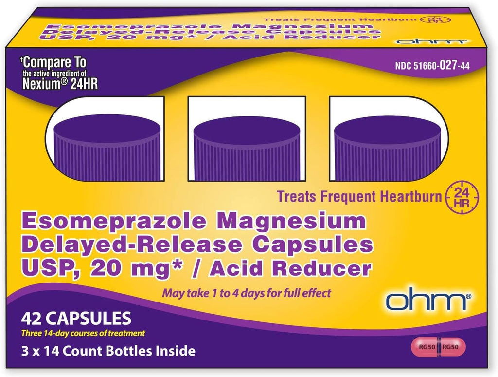 Ohm Esomeprazole Magnesium Delayed Release Capsules 20mg - Frequent Heartburn & Acid Reflux Relief, 24 Hour Chest & Stomach Acid