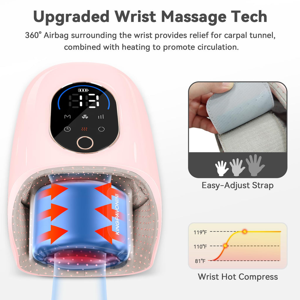 KingPavonini Hand Massager with Heat and Compression, Wrist Heating & Air-Compression, Palm Rolling, Cooling Fan, Cordless Wrist