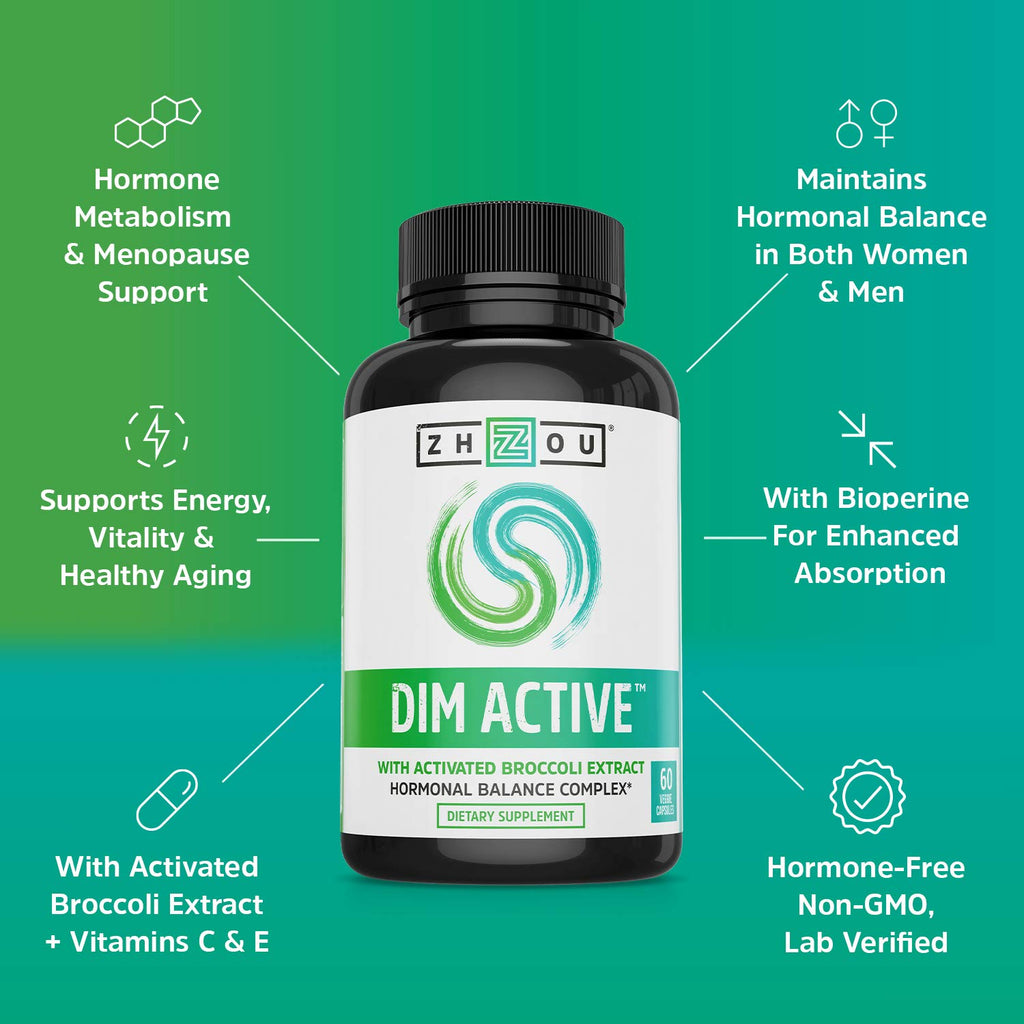 Zhou DIM Active | Menopause & Estrogen Metabolism Supplement with 250mg DIM Plus Broccoli Seed Extract & Bioperine | for Women &
