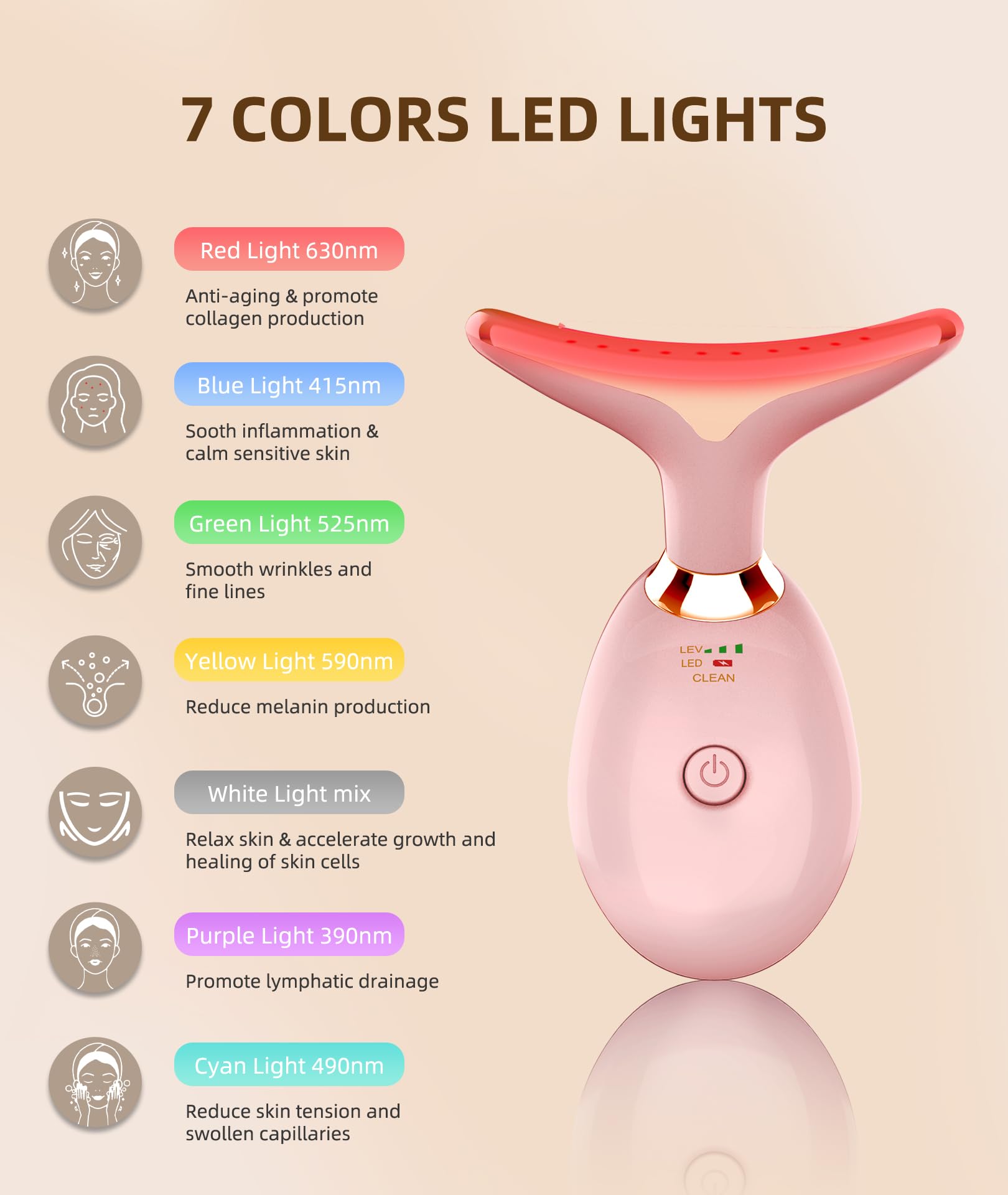 ELISHINE 7 Color Face and Neck Massager Light Therapy, Red Light Based Facial Massager for Skin Care, Firming, Smoothing (Rose G