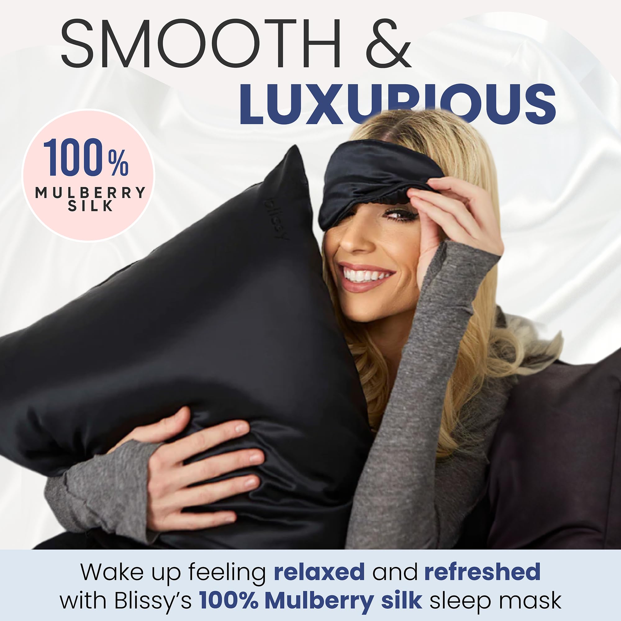 Blissy Silk Sleep Mask - Silk Eye Sleeping Mask for Women & Men for Total Blackout - Silk Eye Mask - 100% Pure Mulberry Silk, 22