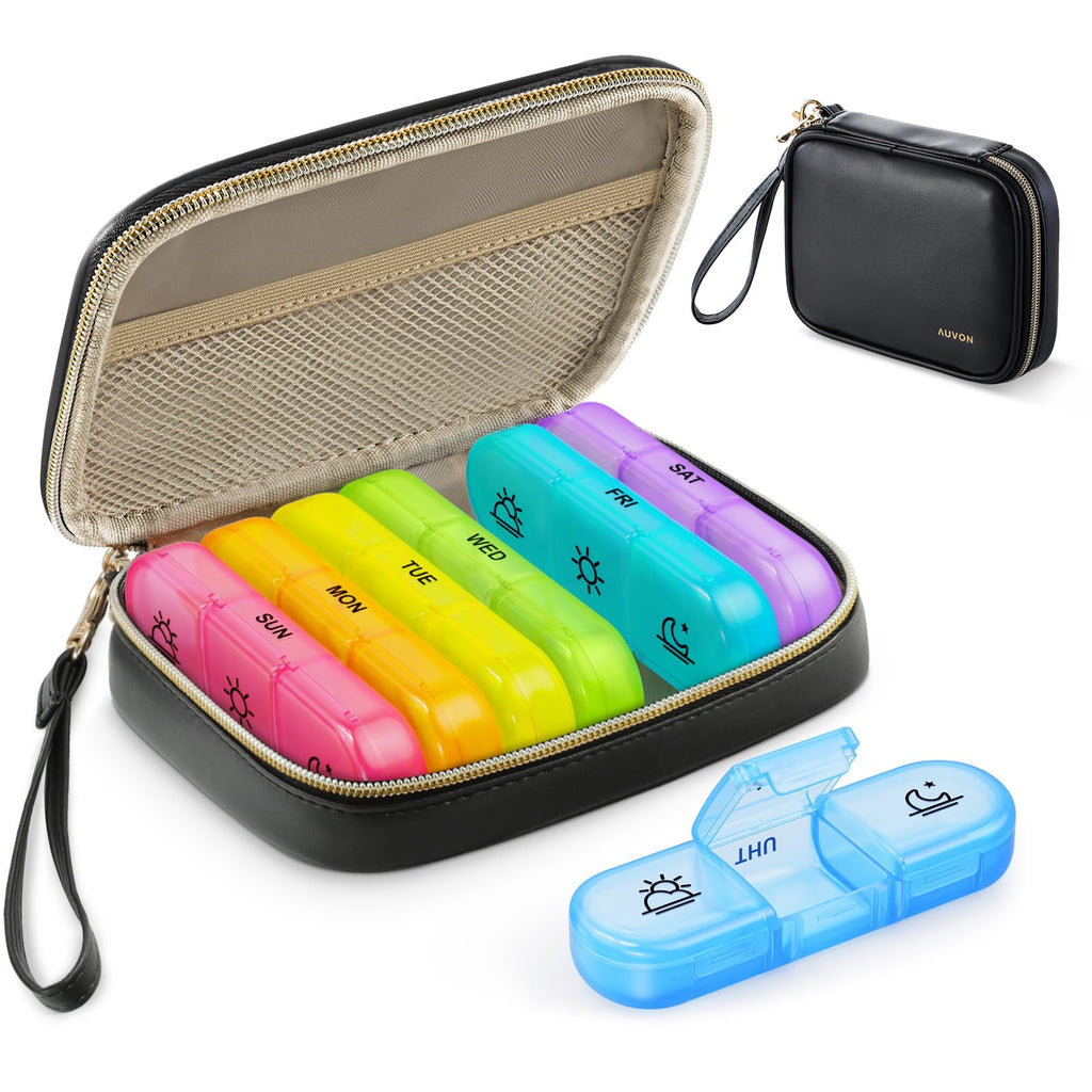 AUVON Weekly Pill Organizer 3 Times a Day, Large Pill Box 7 Day with A PU Leather Bag, Protabel Travel Pill Case Medication Remi