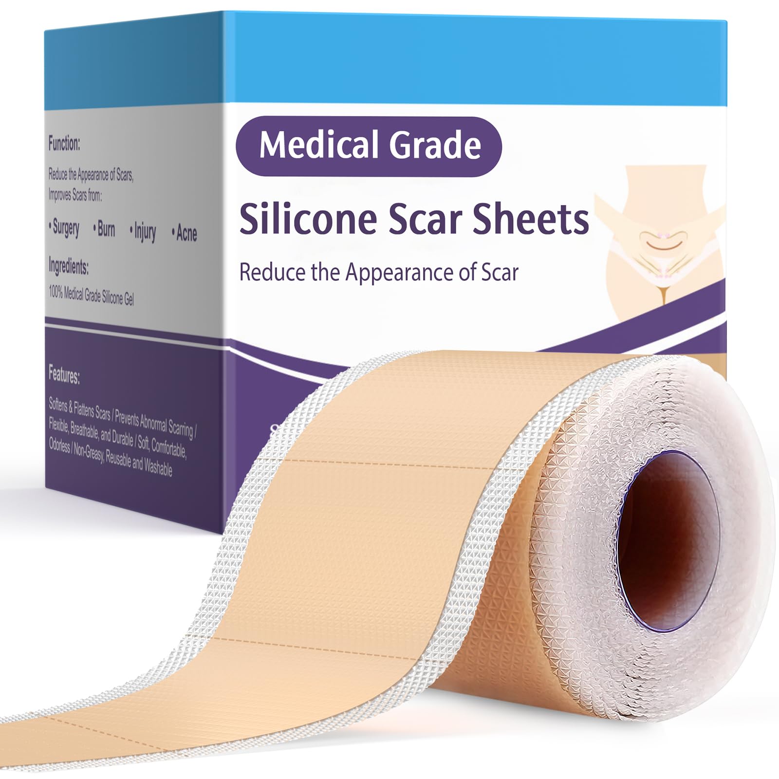 Skiennix Silicone Scar Tape for Surgical Scars - 1.6 x 120 300CM Roll - Reusable - Ultra Thin & Soft Scar Sheets for C-Sections,