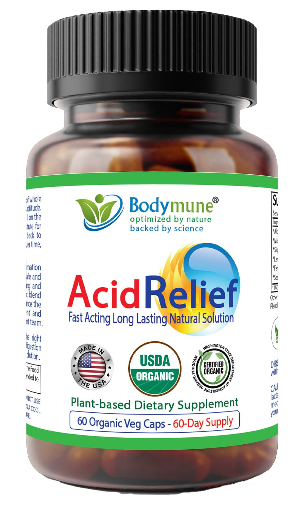 Bodymune AcidRelief Acid Reducer Acid Indigestion Relief Supplement for Occasional Acid Reflux & Antacid, USA-Made USDA Organic