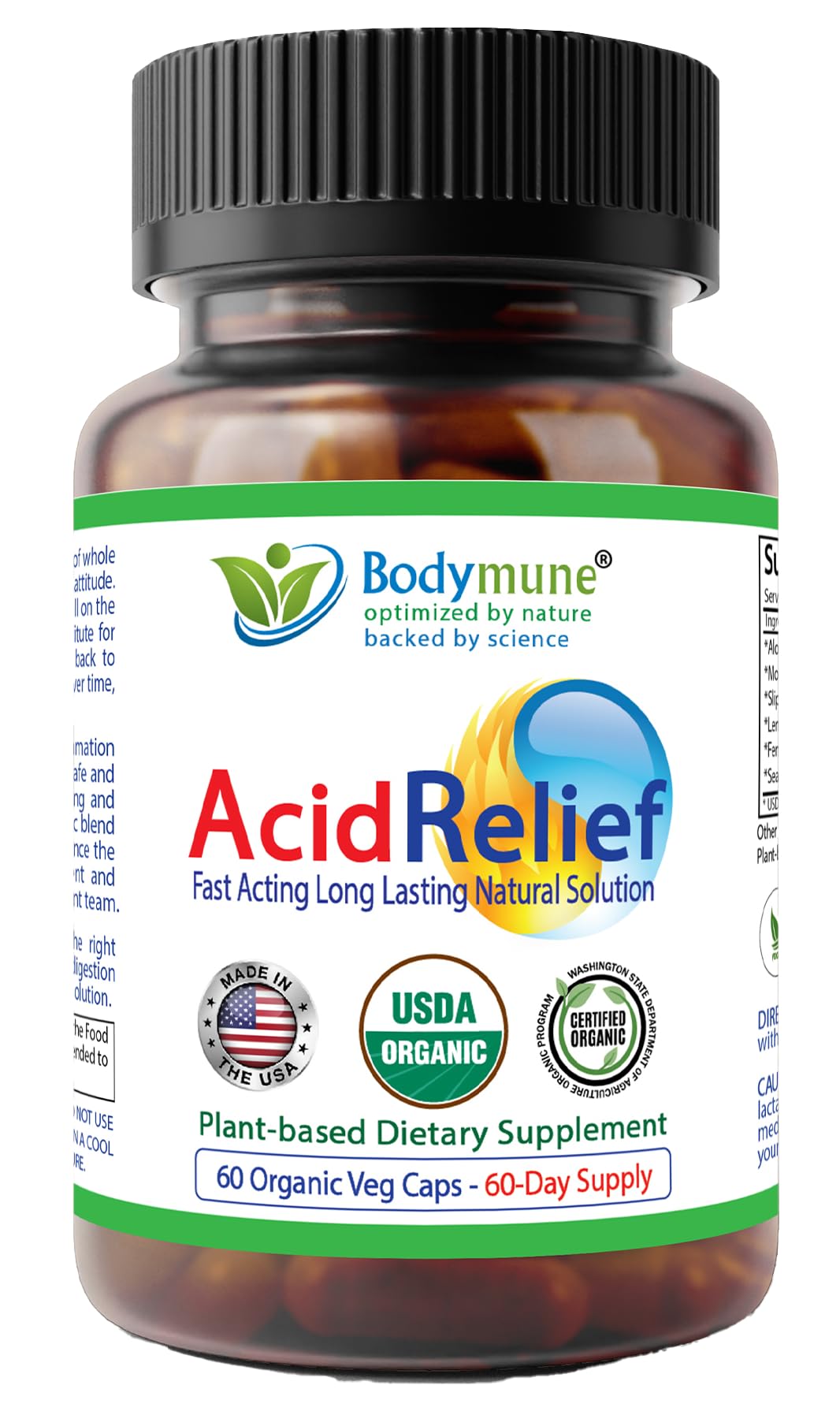 Bodymune AcidRelief Acid Reducer Acid Indigestion Relief Supplement for Occasional Acid Reflux & Antacid, USA-Made USDA Organic