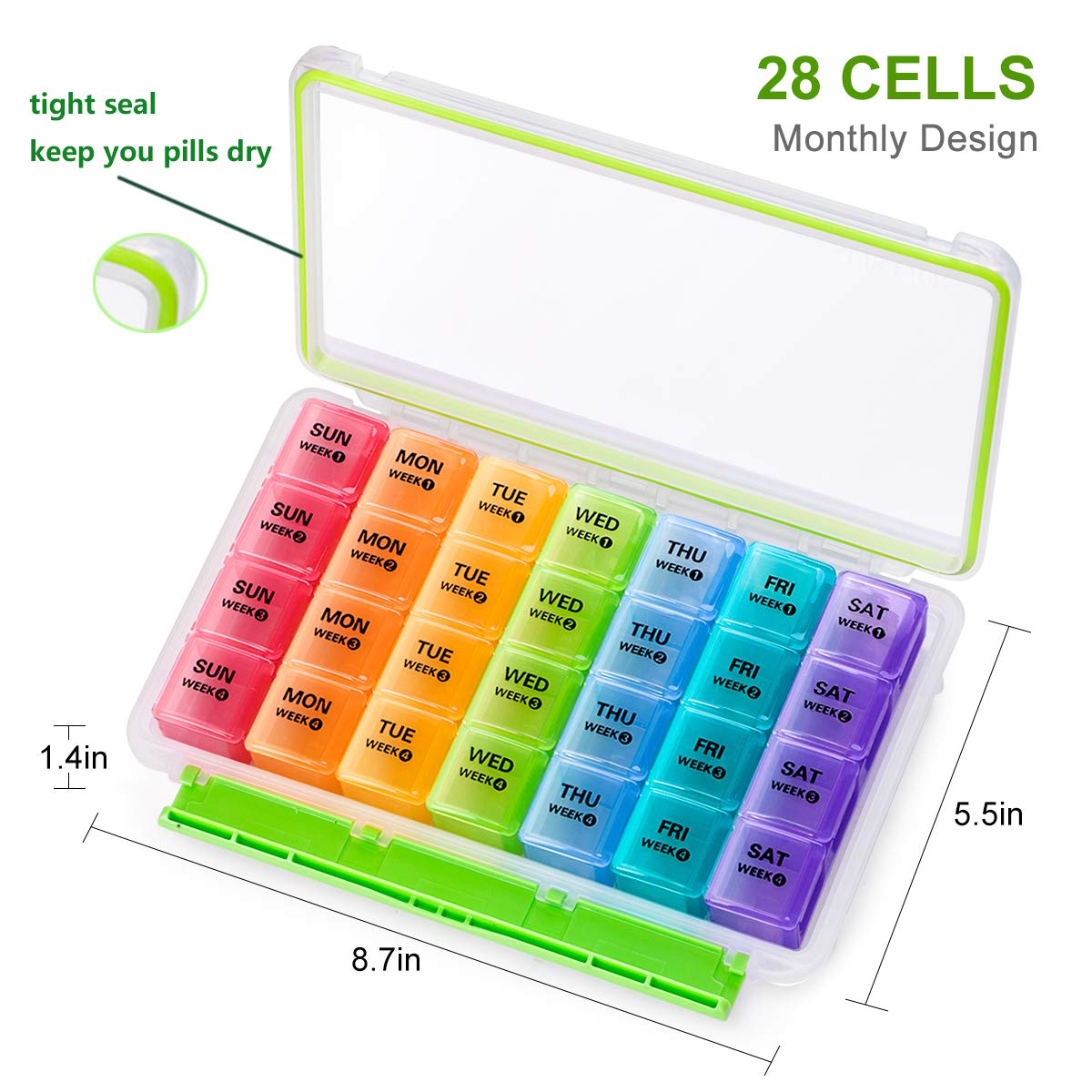 Sukuos Monthly Pill Organizer 28 Day, Large Moisture-Resistant Pill Box Cases with Dust-Proof Box and Clear Lid for Vitamin/Fish