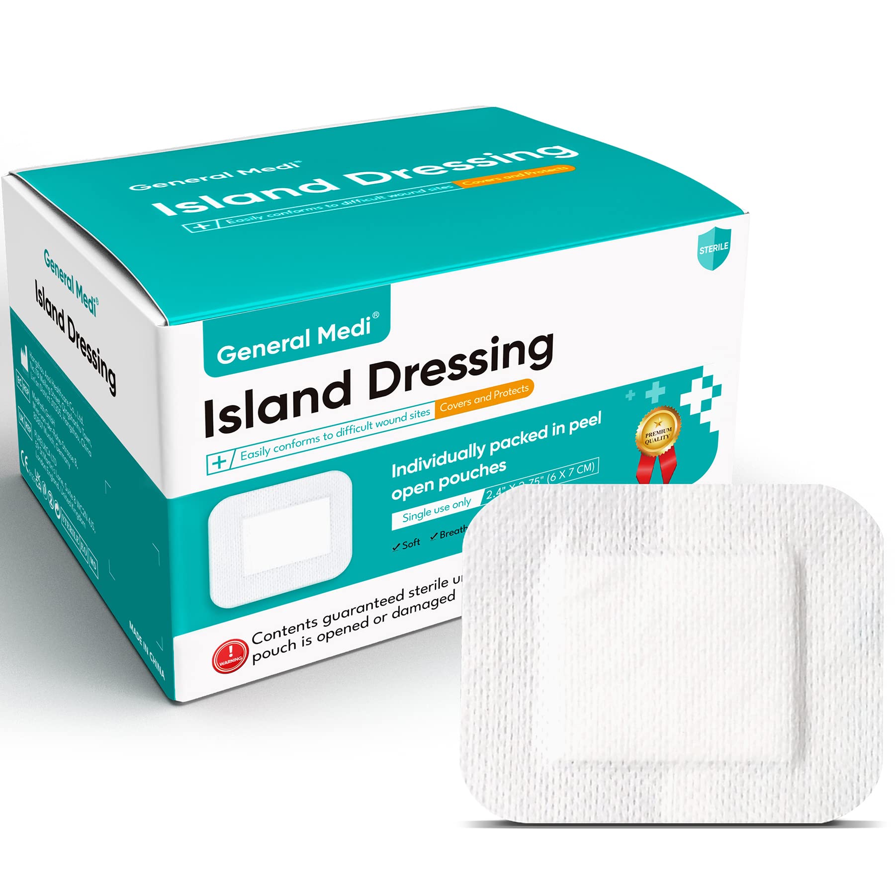 General Medi Sterile Island Dressing Bordered Gauze - 100 Count, 2.4 x 2.75 Gauze Pads, Wound Care Pad with Adhesive Border - St