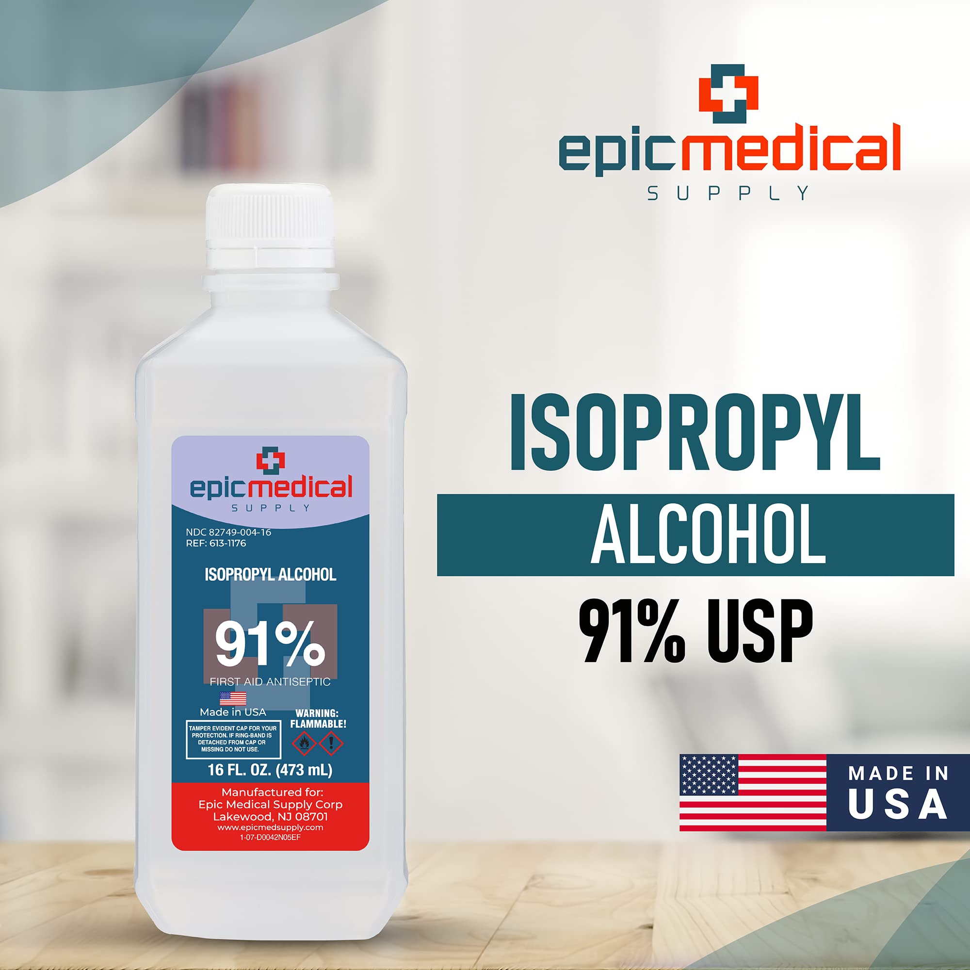 Epic Medical Supply 91% Percent Isopropyl Alcohol 91, Rubbing Alcohol Isopropilico 16 oz. Bottle, Multipurpose First Aid Antisep