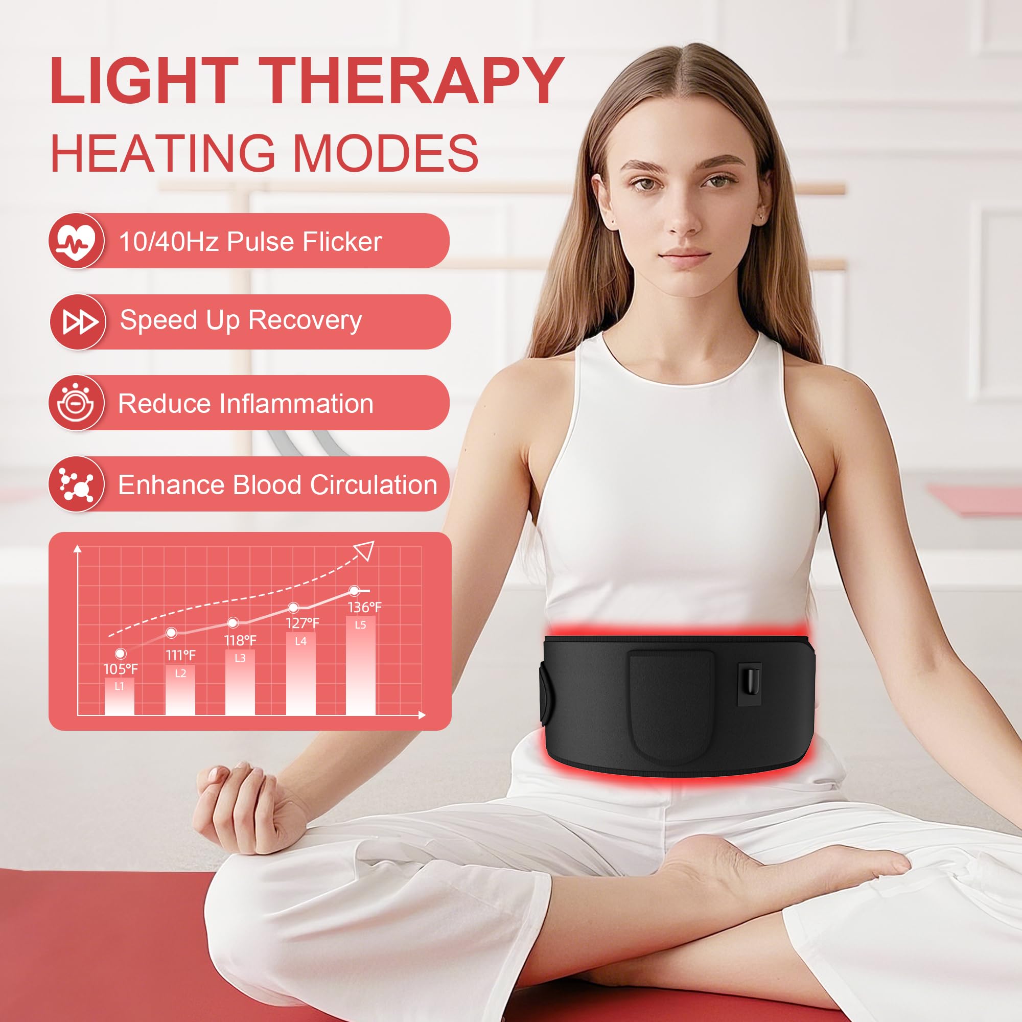 Red Light Therapy for Body:5 Light Levels Infrared Light Heat Therapy Belt Wrap for Back/Waist/Muscle/Pain Relief 660nm & 850nm